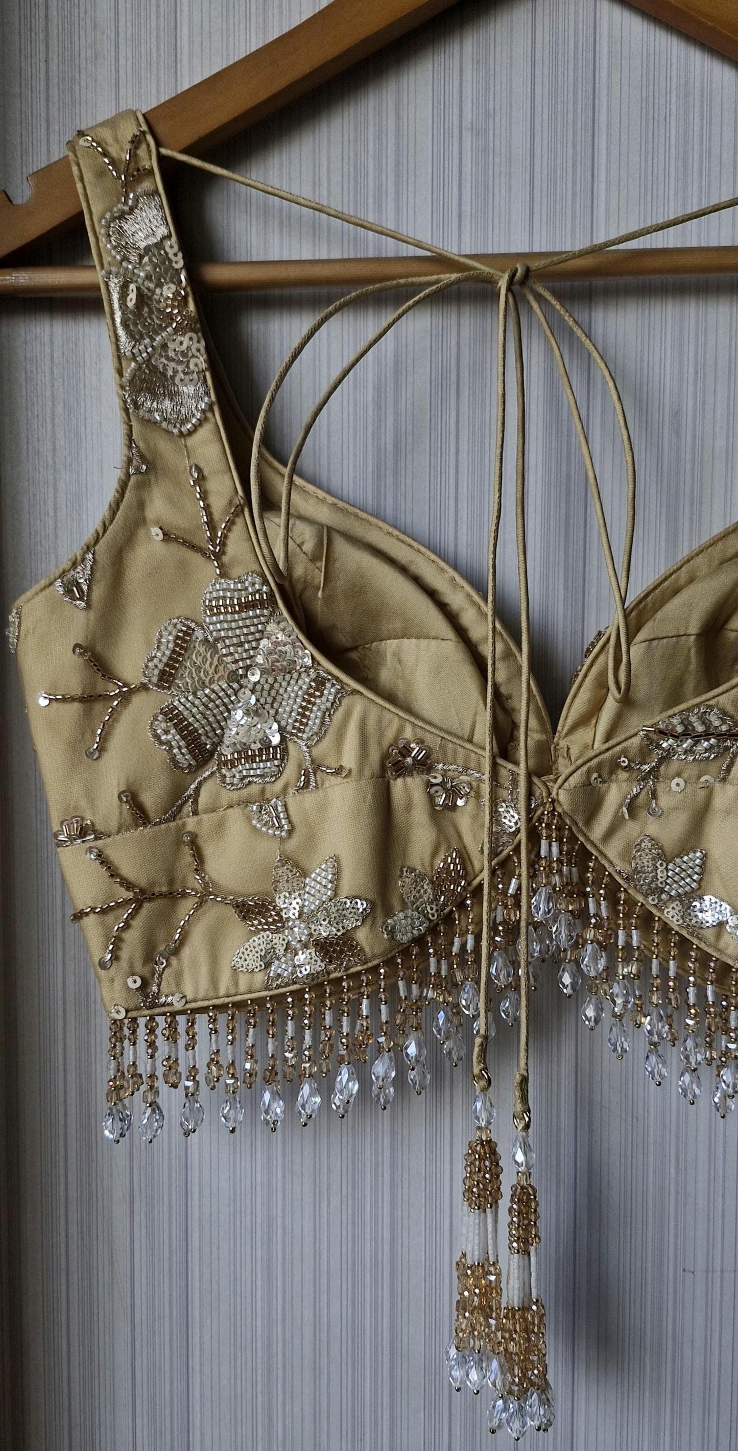 Golden Beige Embroidered Net Sweetheart Neck Blouse