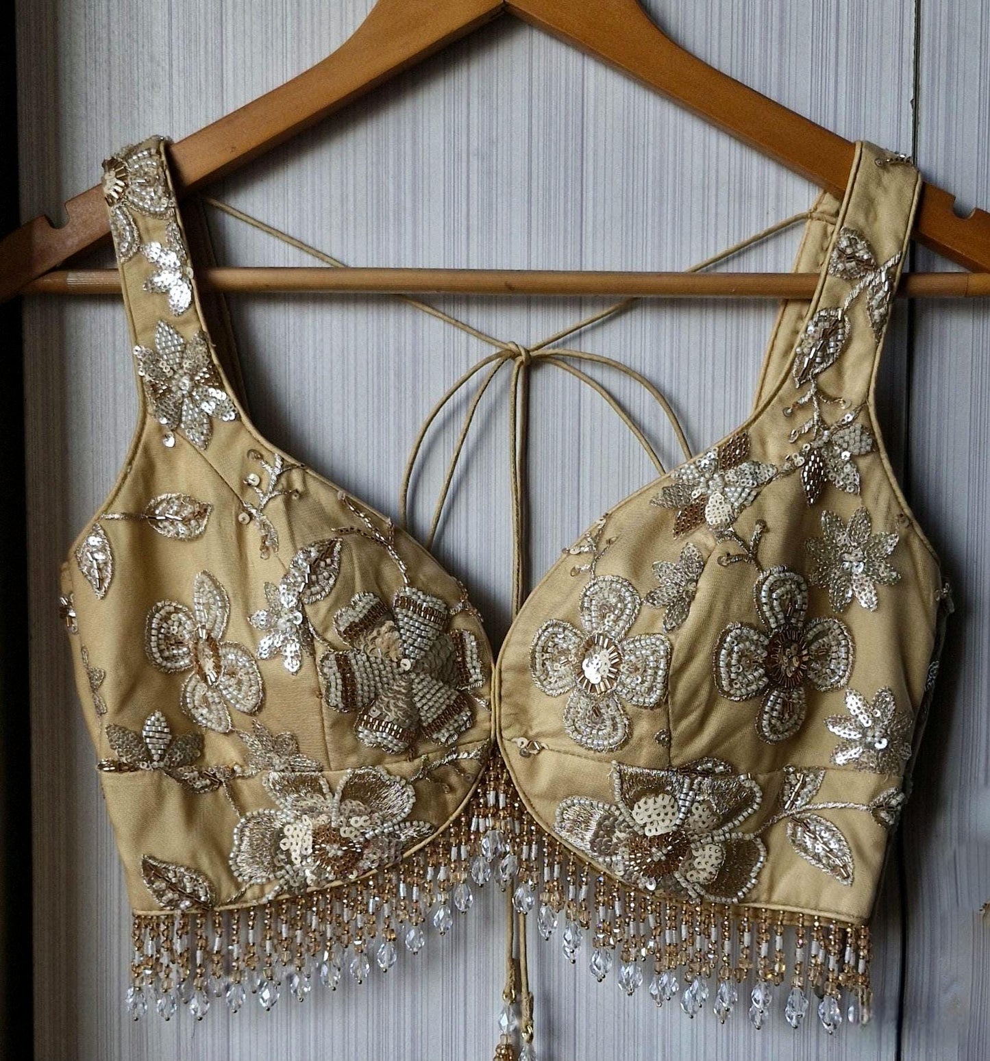 Golden Beige Embroidered Net Sweetheart Neck Blouse