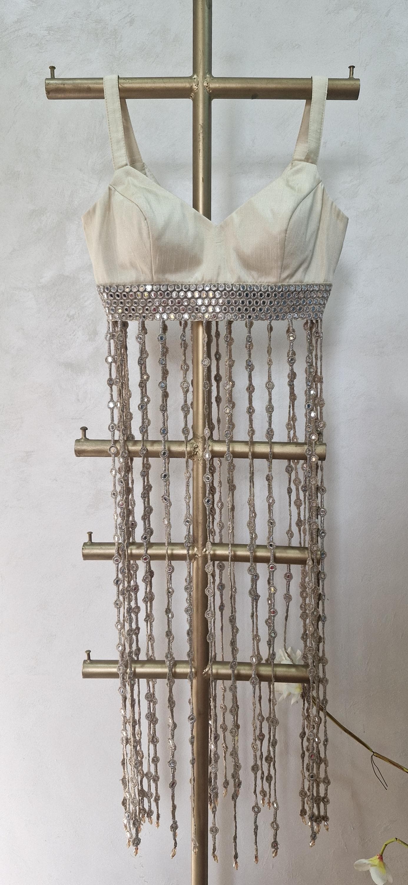 Cream Gold Raw Silk V Neck Blouse, Mirror Fringes