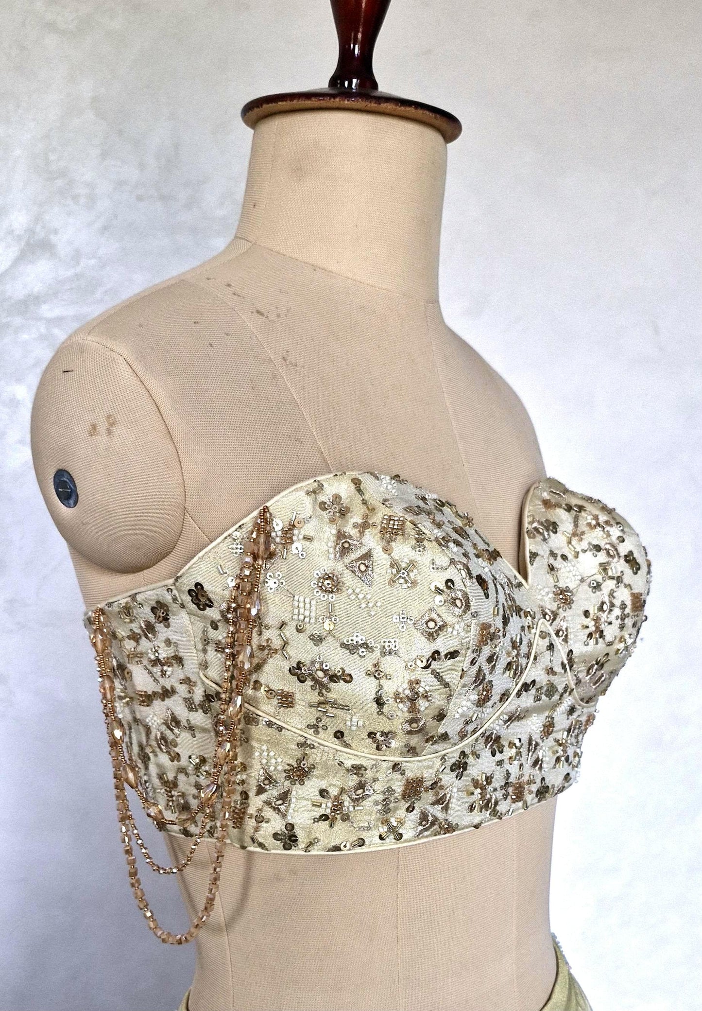 Champagne Gold Embroidered Tissue Silk Strapless Blouse