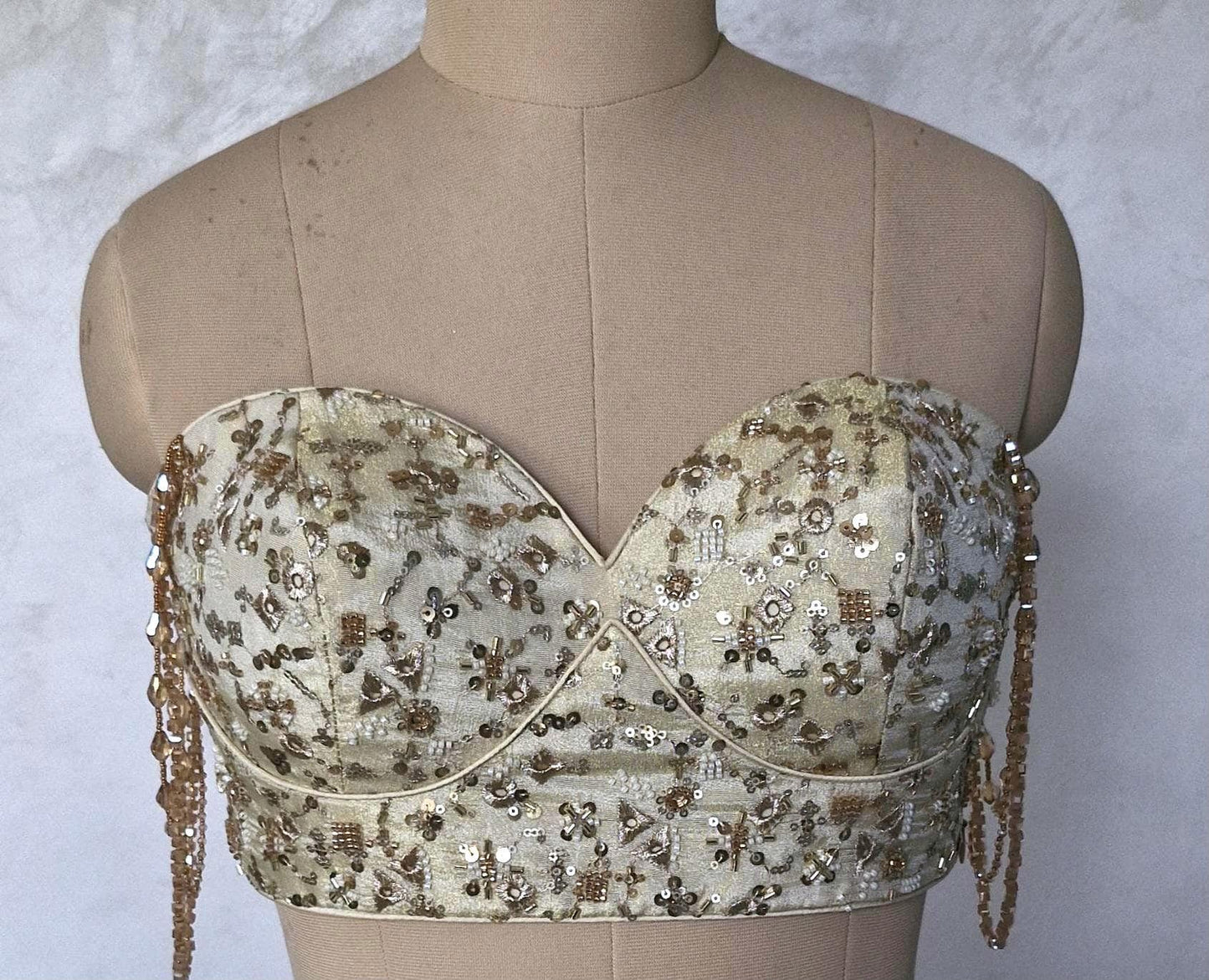 Champagne Gold Embroidered Tissue Silk Strapless Blouse