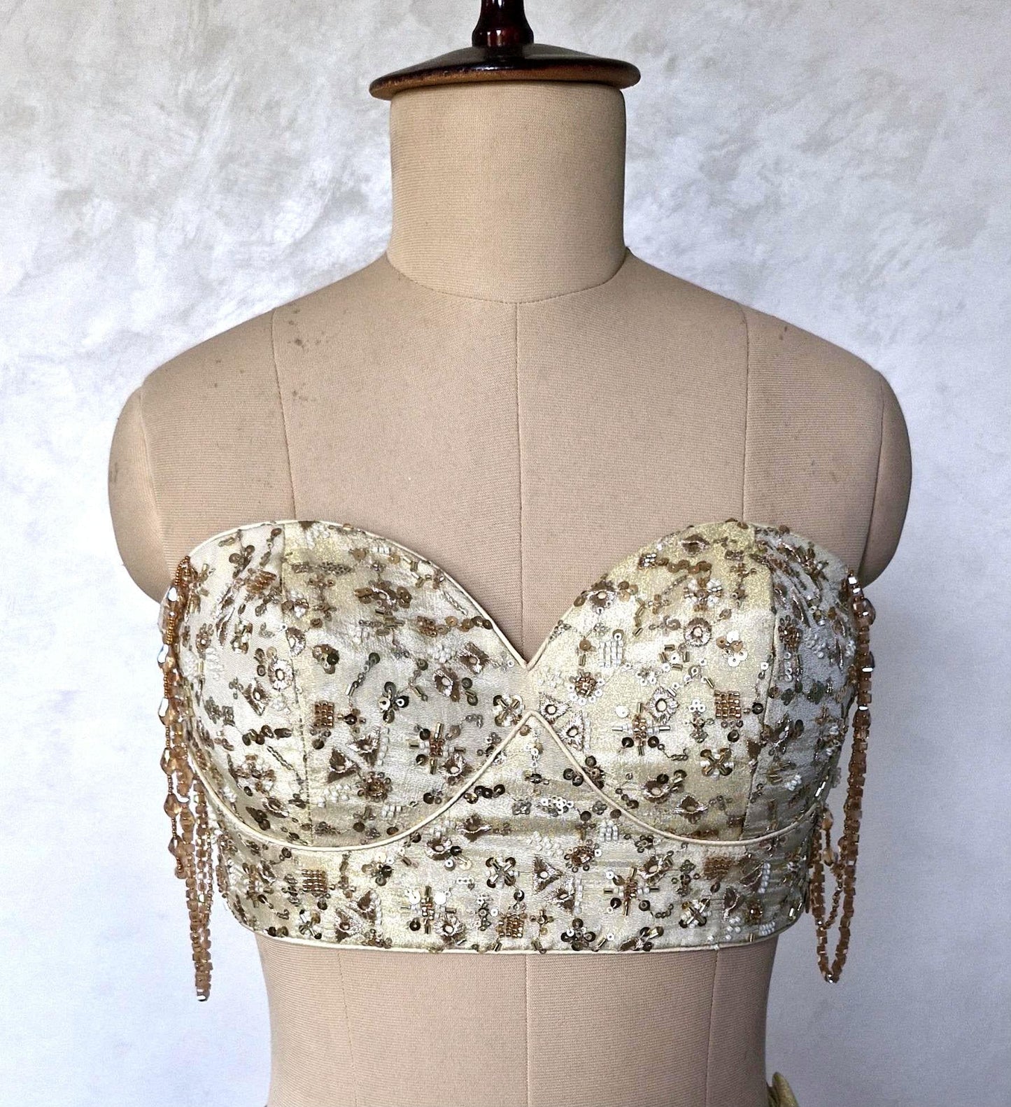 Champagne Gold Embroidered Tissue Silk Strapless Blouse