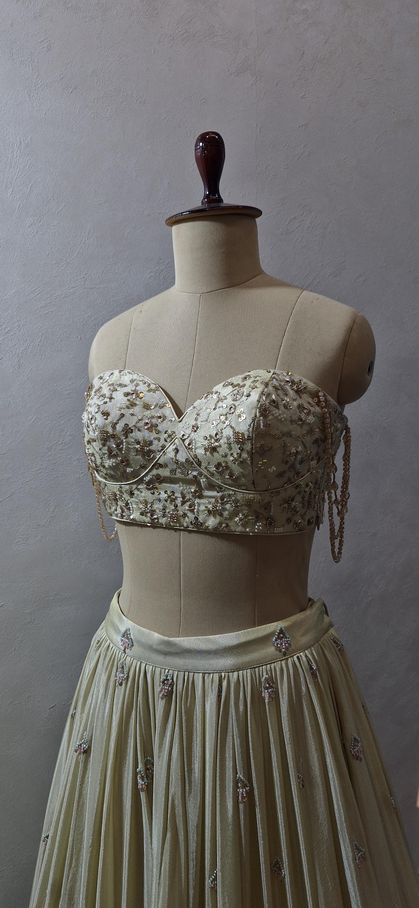 Champagne Gold Embroidered Tissue Silk Strapless Blouse
