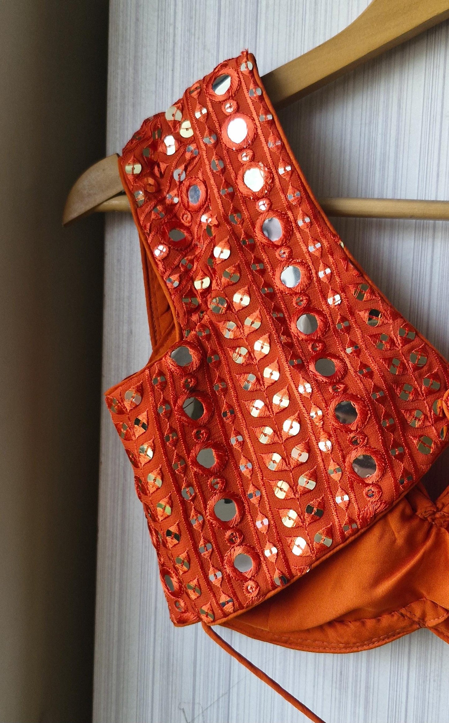 Burnt Orange Embroidered Georgette Blouse, Cap Sleeves Sweetheart Neck
