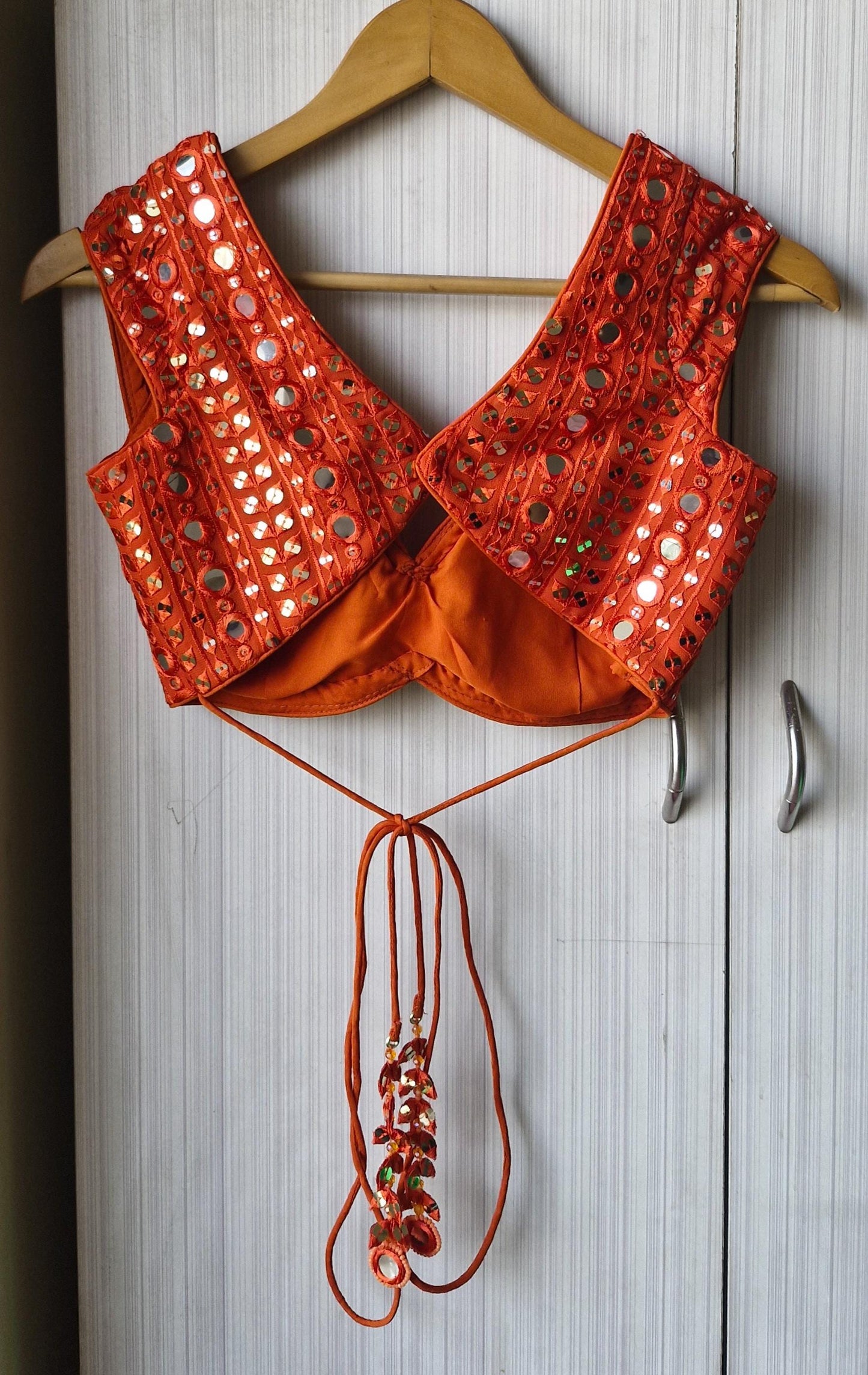 Burnt Orange Embroidered Georgette Blouse, Cap Sleeves Sweetheart Neck