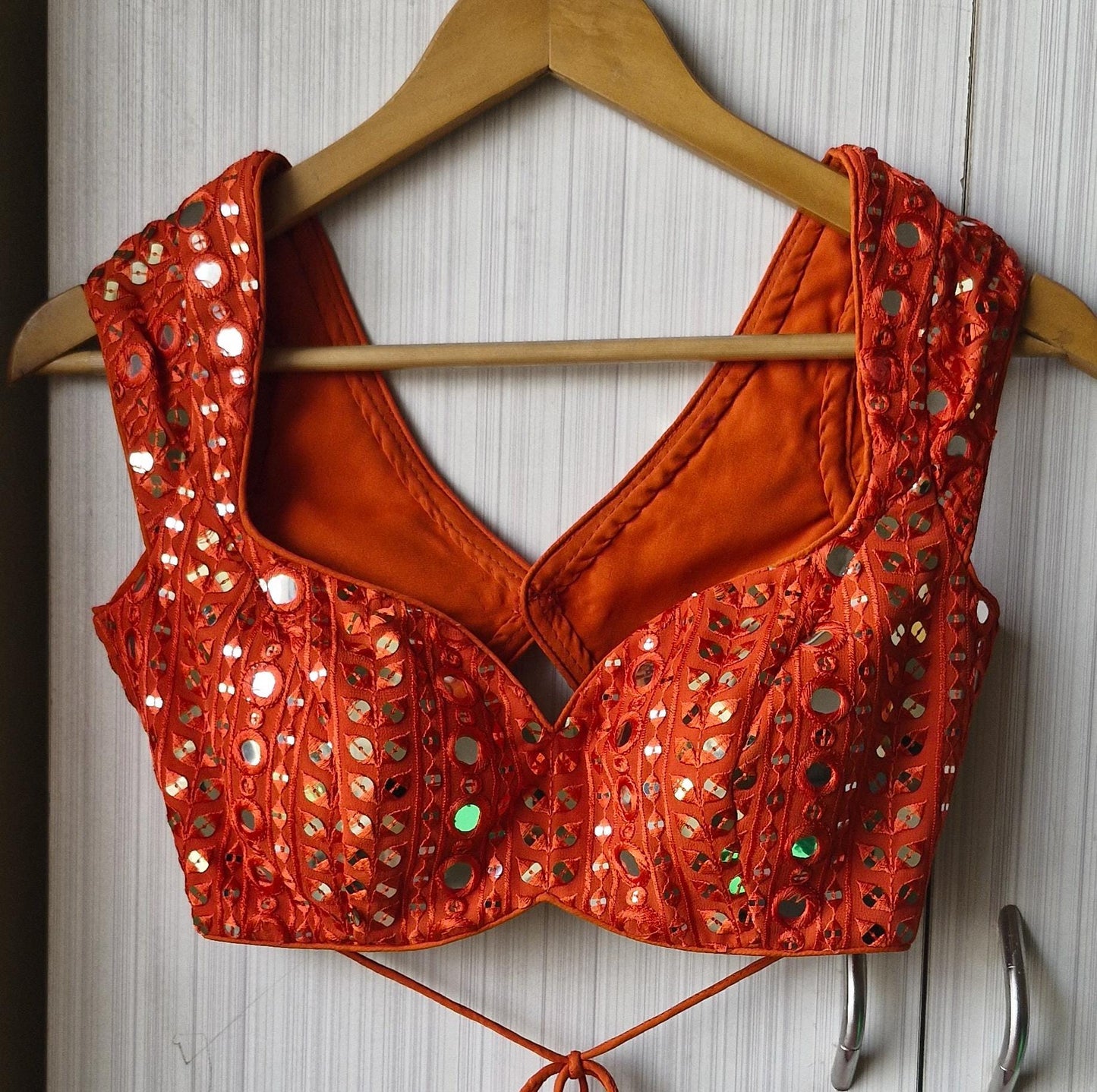 Burnt Orange Embroidered Georgette Blouse, Cap Sleeves Sweetheart Neck