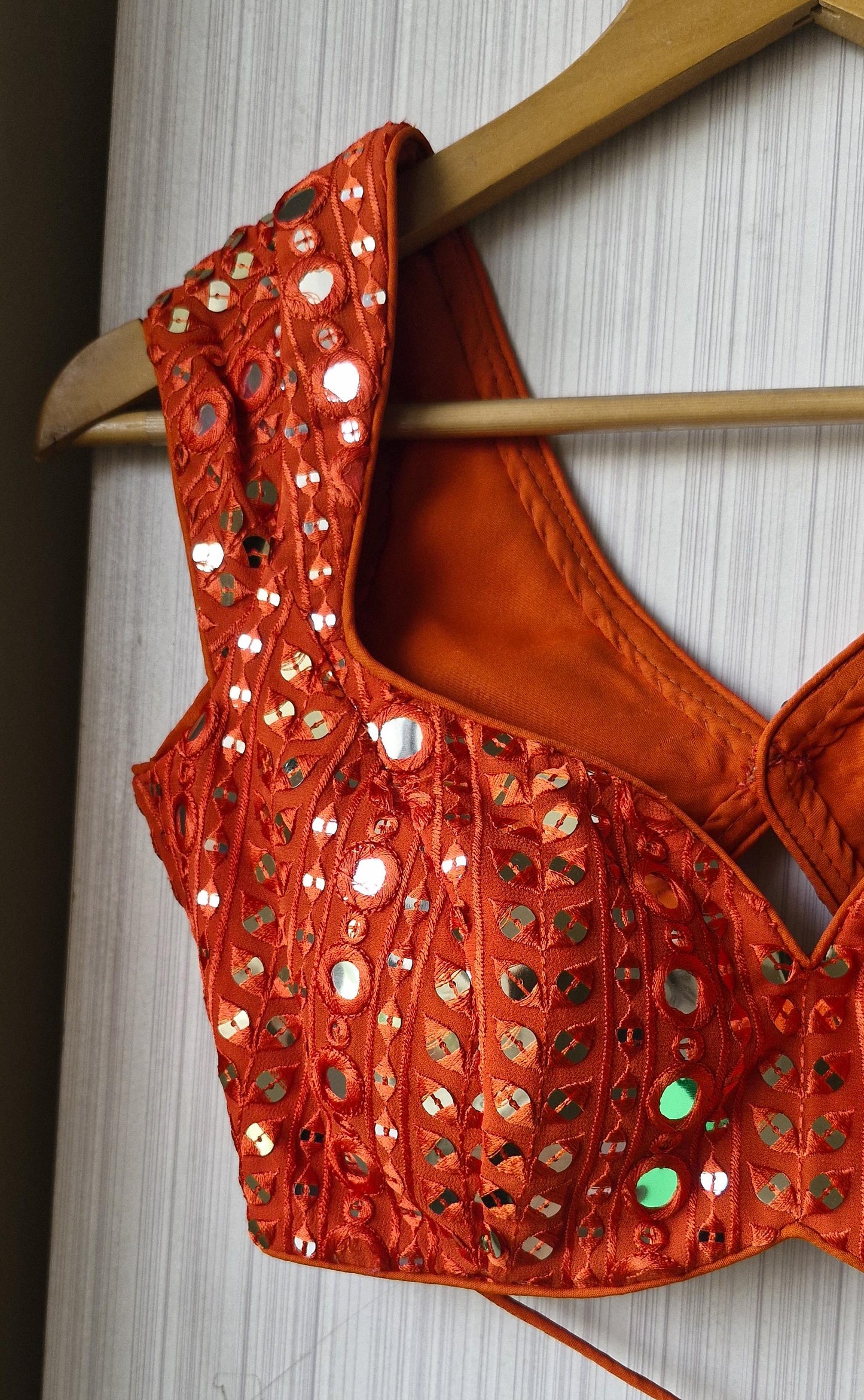 Burnt Orange Embroidered Georgette Blouse, Cap Sleeves Sweetheart Neck