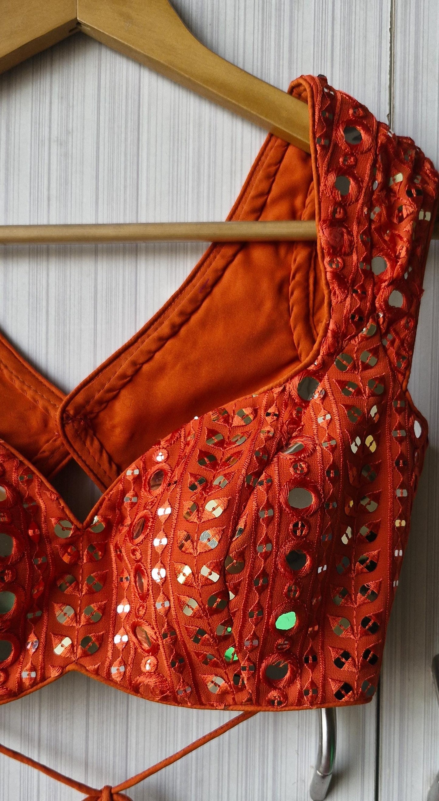 Burnt Orange Embroidered Georgette Blouse, Cap Sleeves Sweetheart Neck