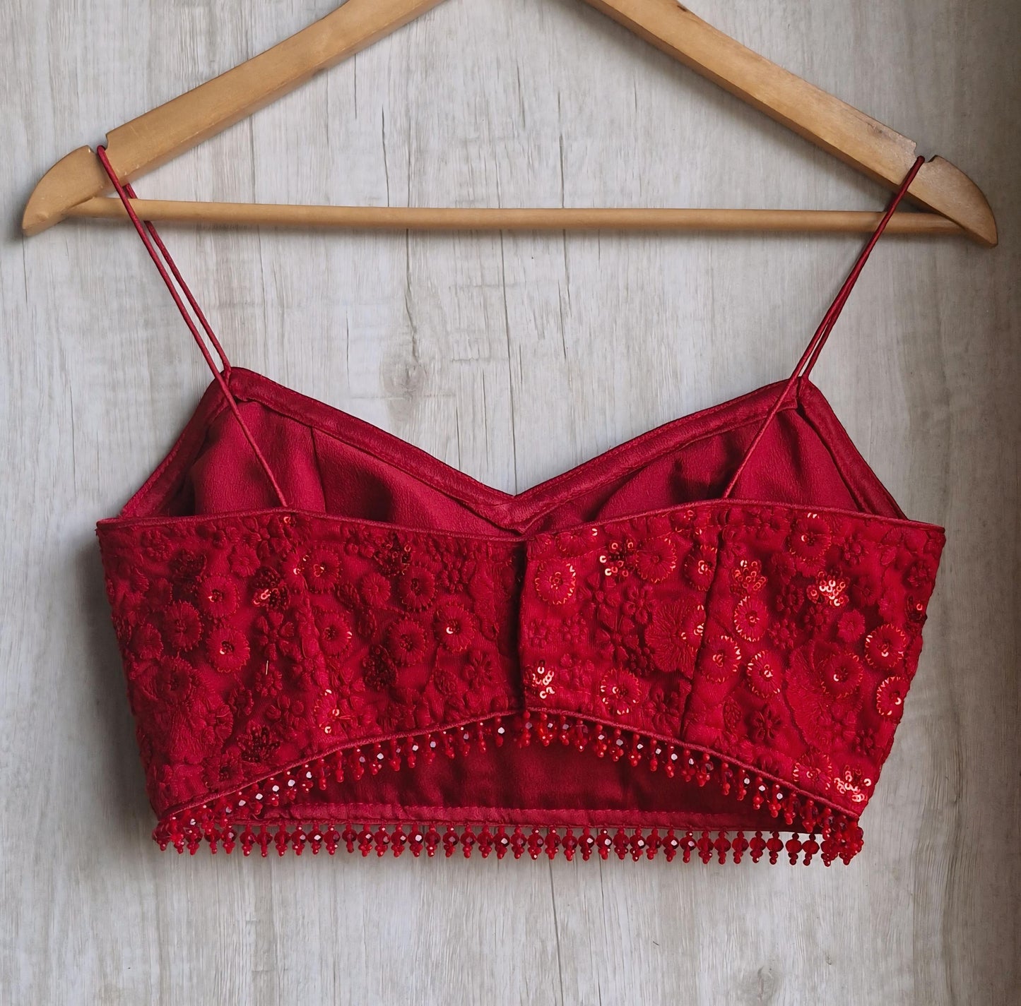 Deep Red Embroidered Net Spaghetti Blouse