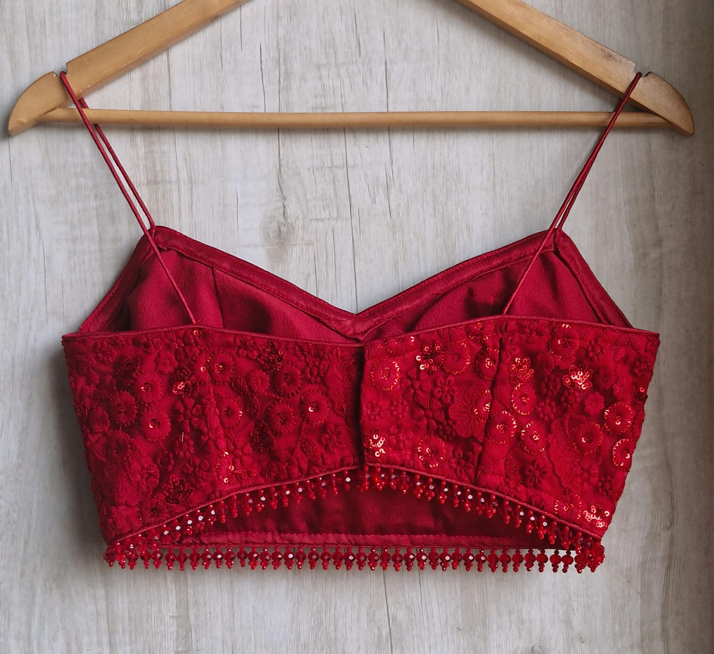 Deep Red Embroidered Net Spaghetti Blouse