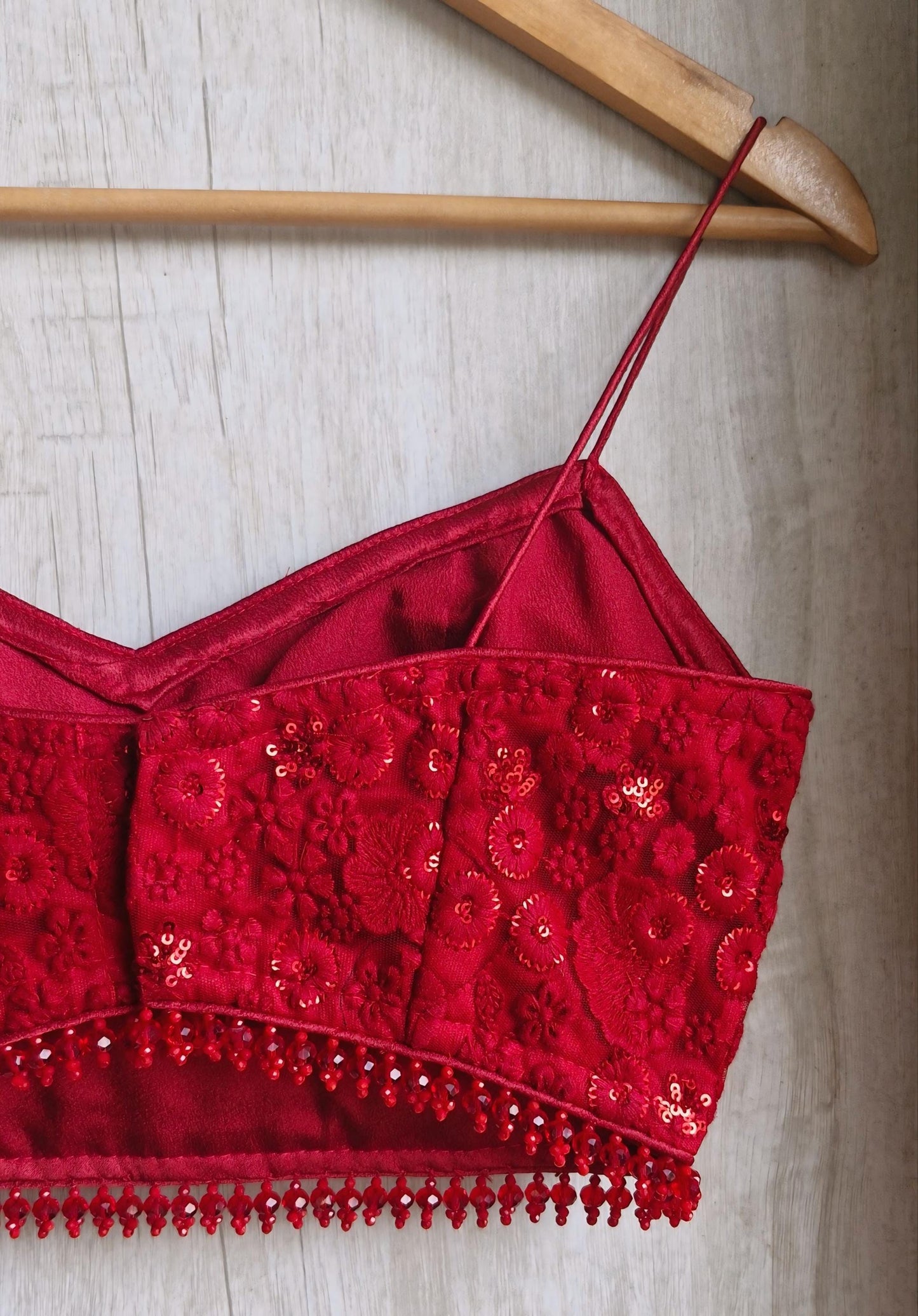 Deep Red Embroidered Net Spaghetti Blouse