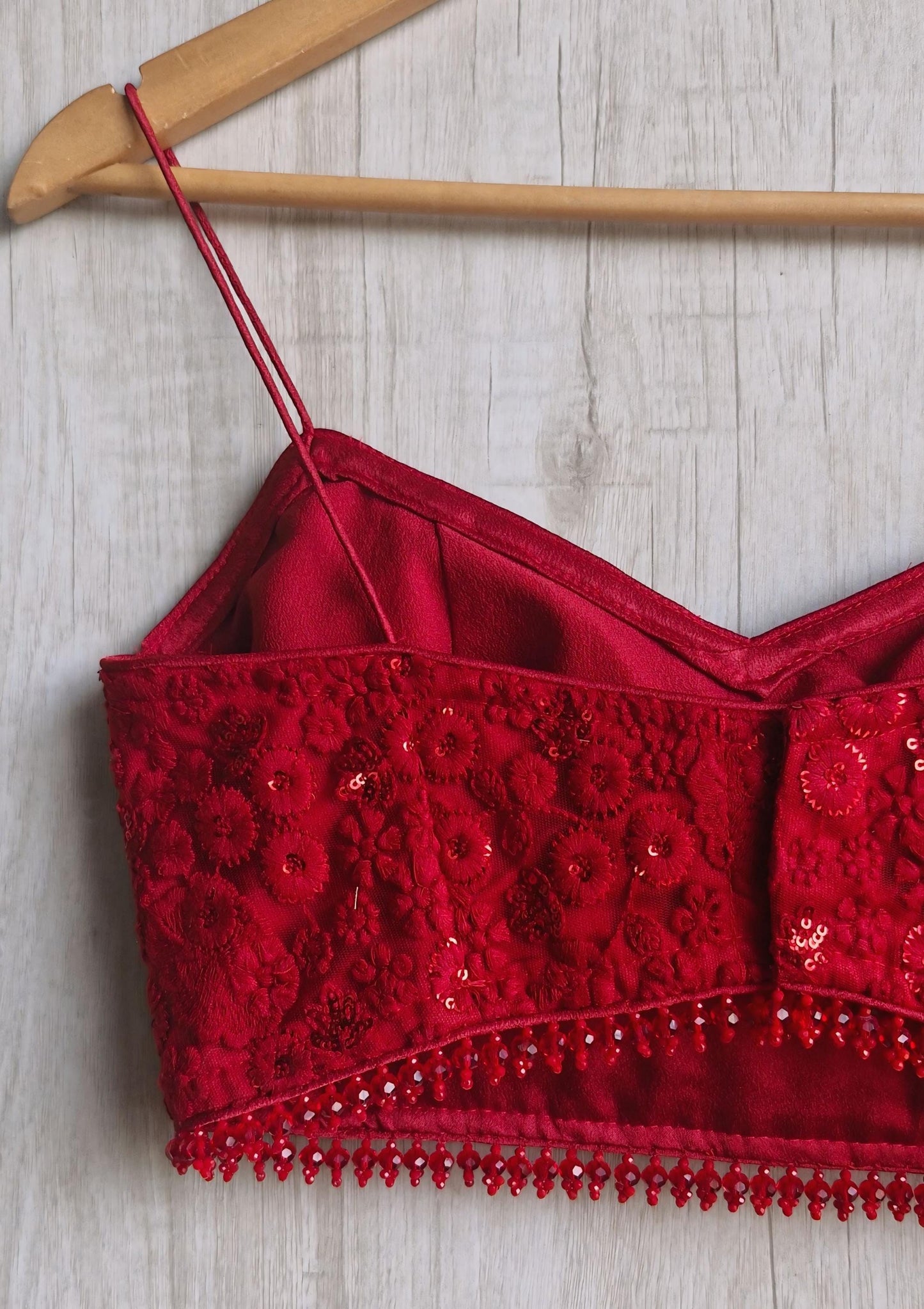 Deep Red Embroidered Net Spaghetti Blouse