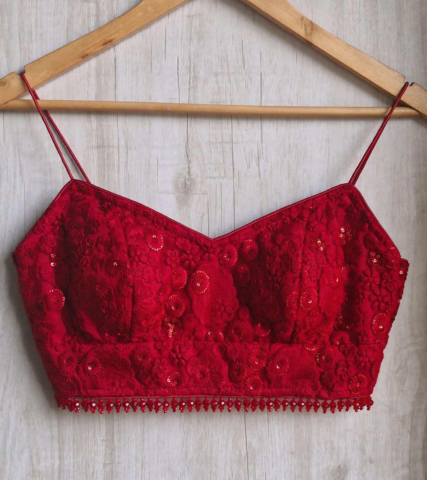 Deep Red Embroidered Net Spaghetti Blouse