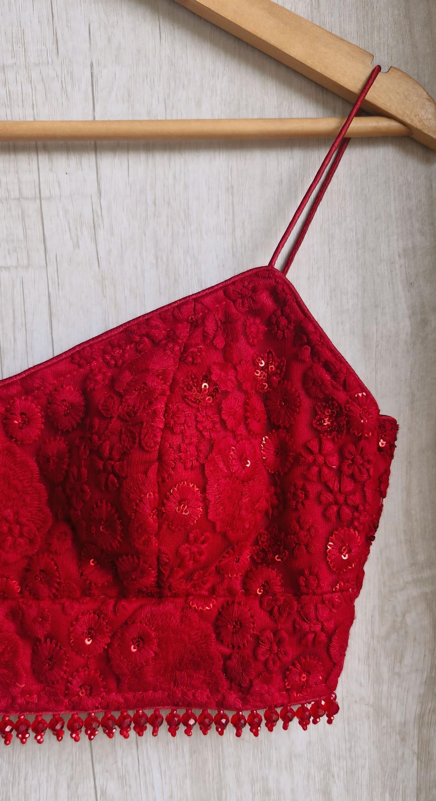 Deep Red Embroidered Net Spaghetti Blouse