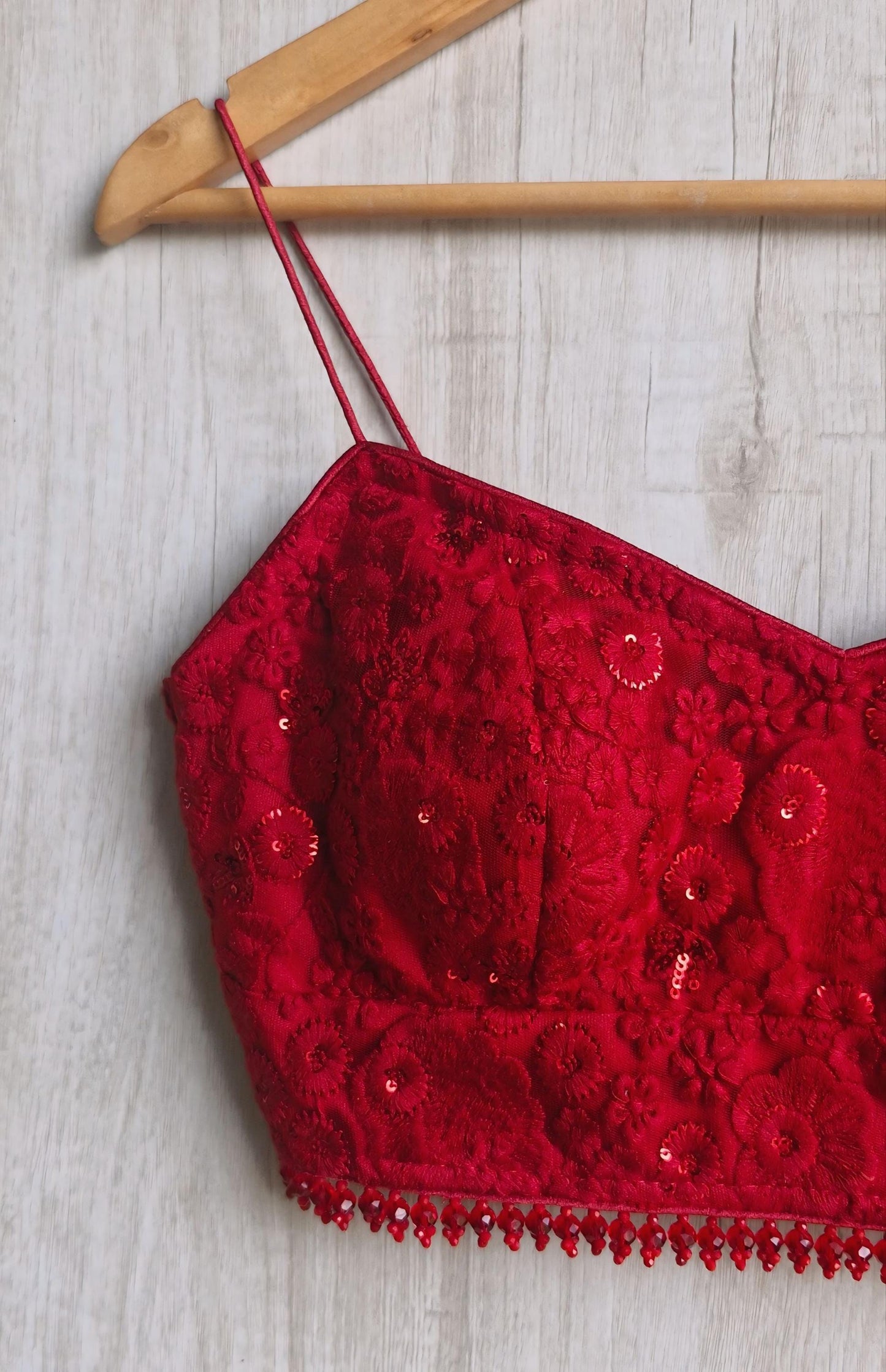 Deep Red Embroidered Net Spaghetti Blouse