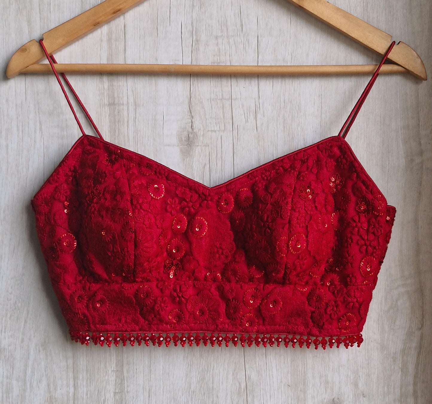 Deep Red Embroidered Net Spaghetti Blouse