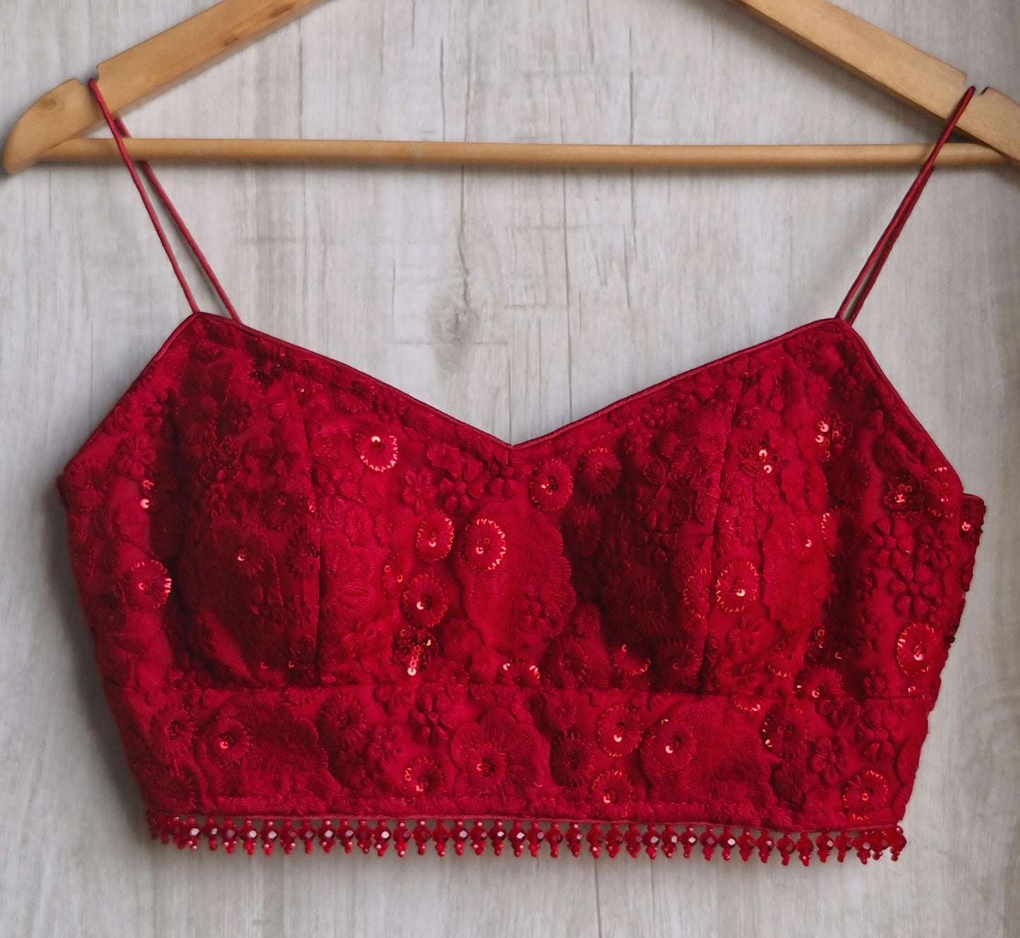 Deep Red Embroidered Net Spaghetti Blouse