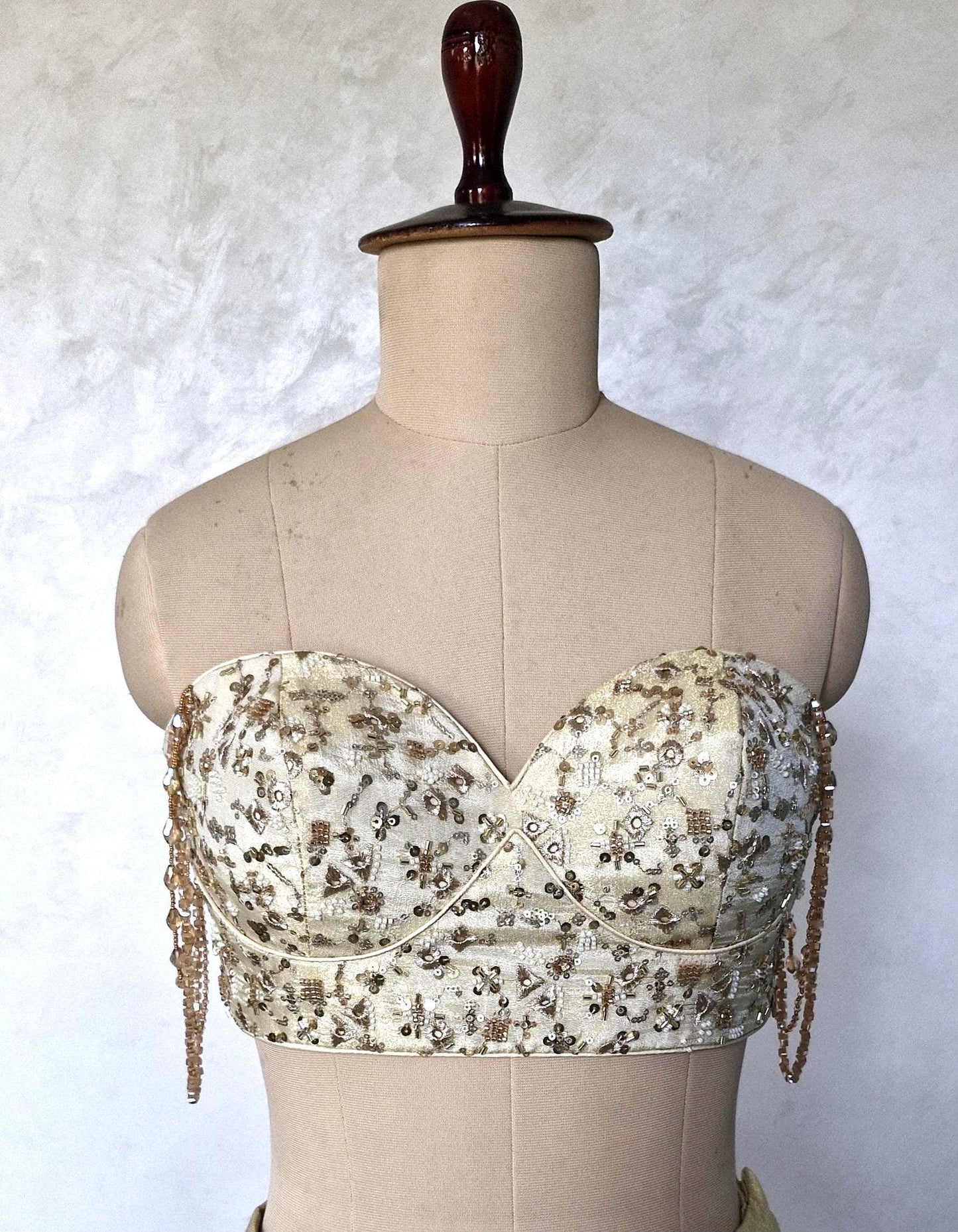 Champagne Gold Embroidered Tissue Silk Strapless Blouse