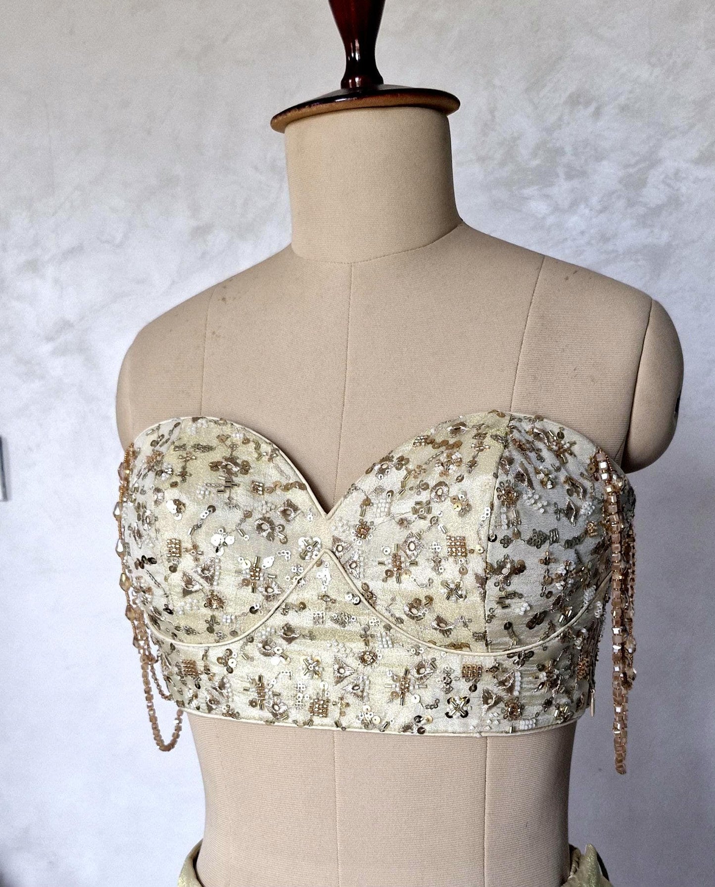 Champagne Gold Embroidered Tissue Silk Strapless Blouse