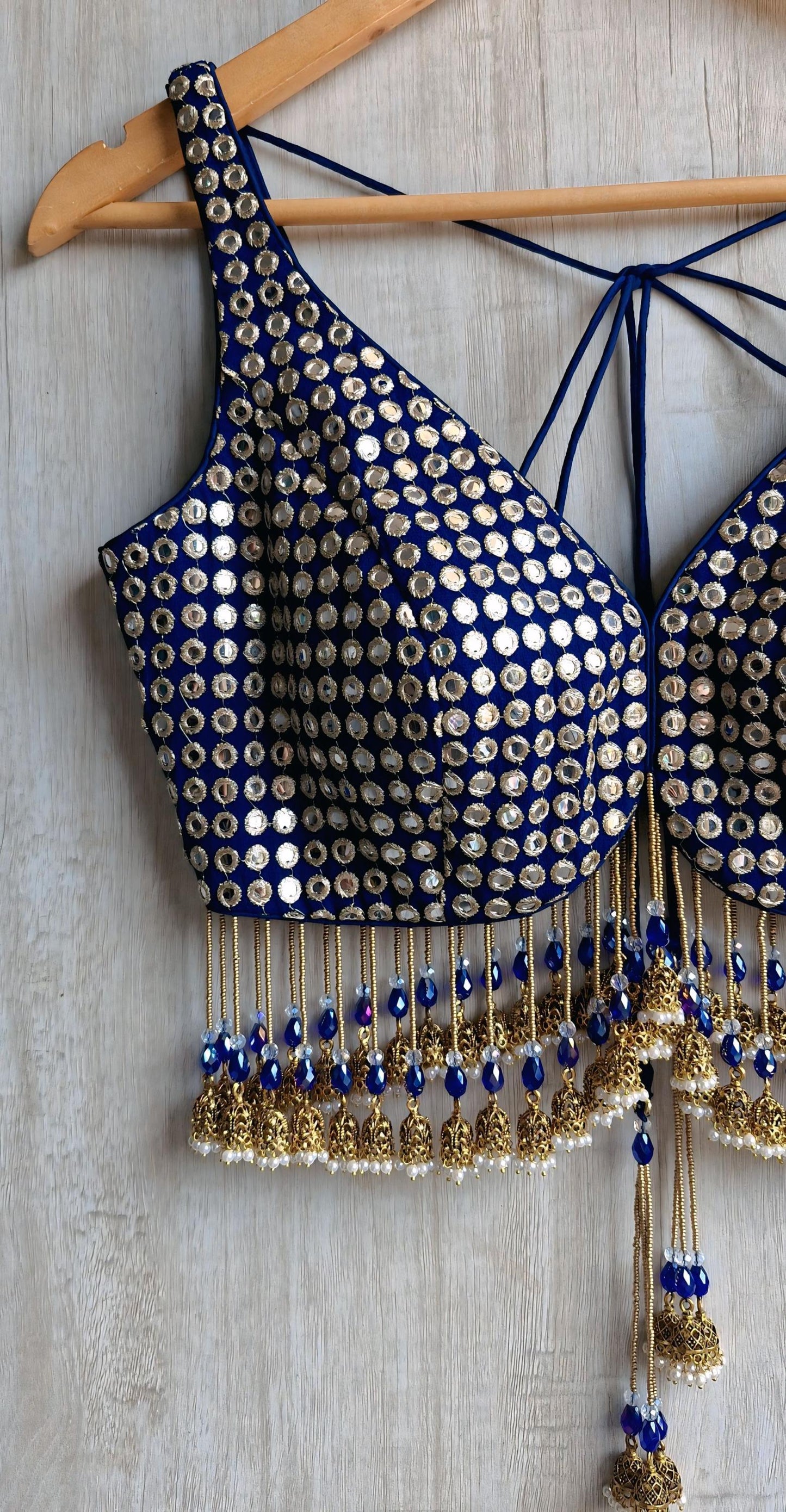 Deep Blue Embroidered Georgette Deep V Neck Blouse, Jhumka Fringes