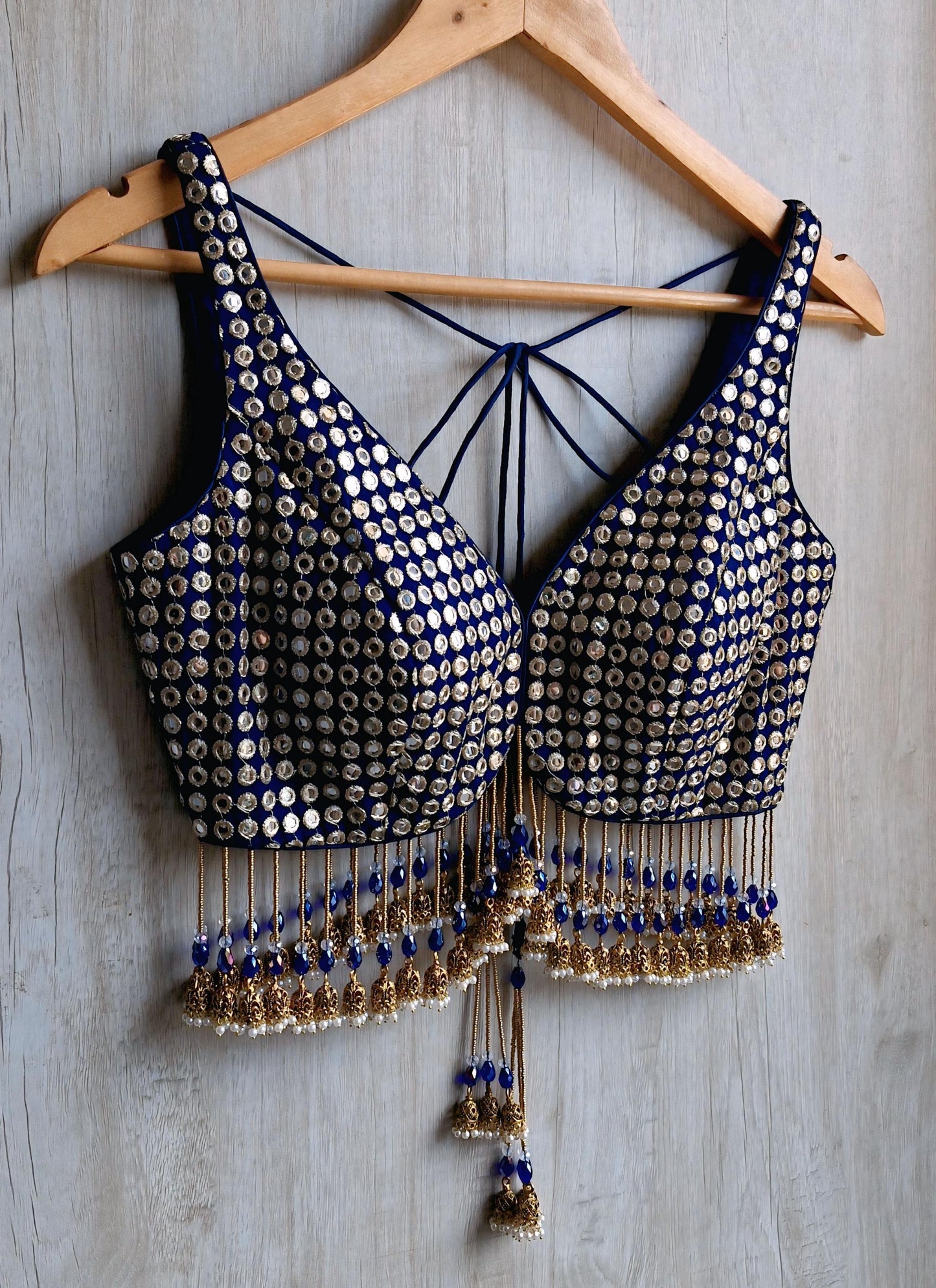 Deep Blue Embroidered Georgette Deep V Neck Blouse, Jhumka Fringes