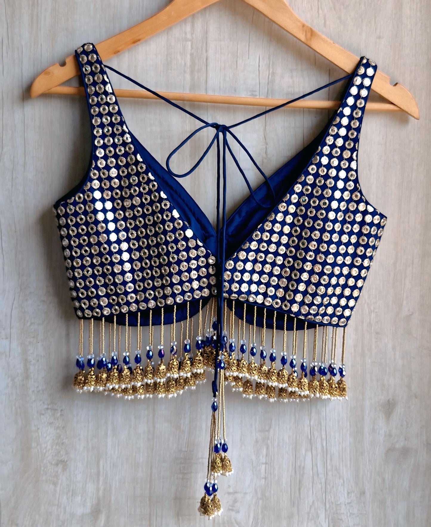 Deep Blue Embroidered Georgette Deep V Neck Blouse, Jhumka Fringes
