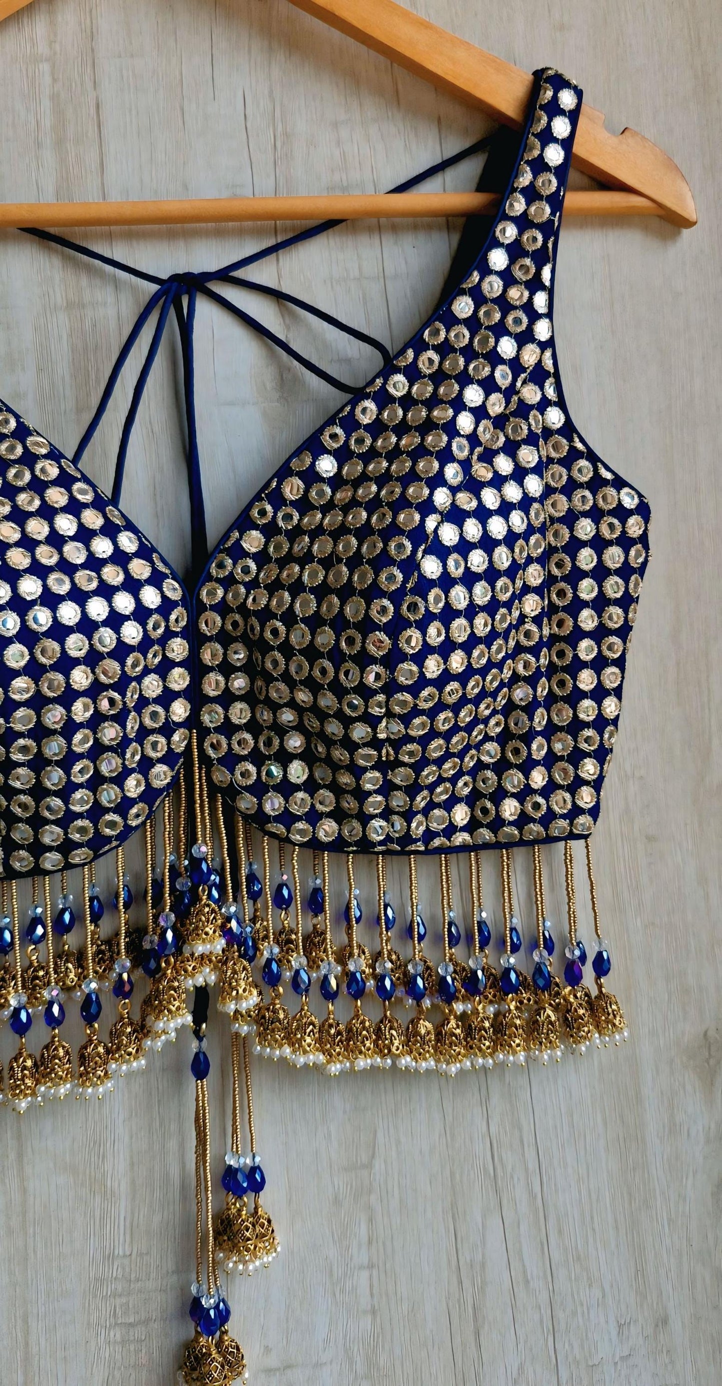 Deep Blue Embroidered Georgette Deep V Neck Blouse, Jhumka Fringes