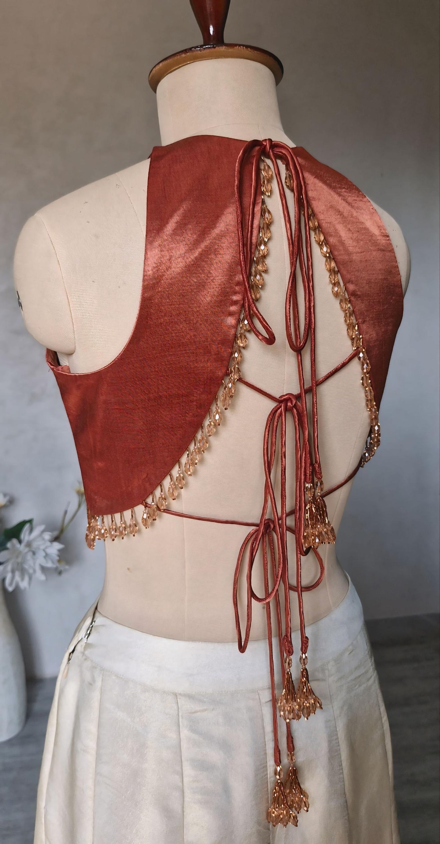 Dark Rust Gajji Silk Blouse, Jewel Neck, Backless