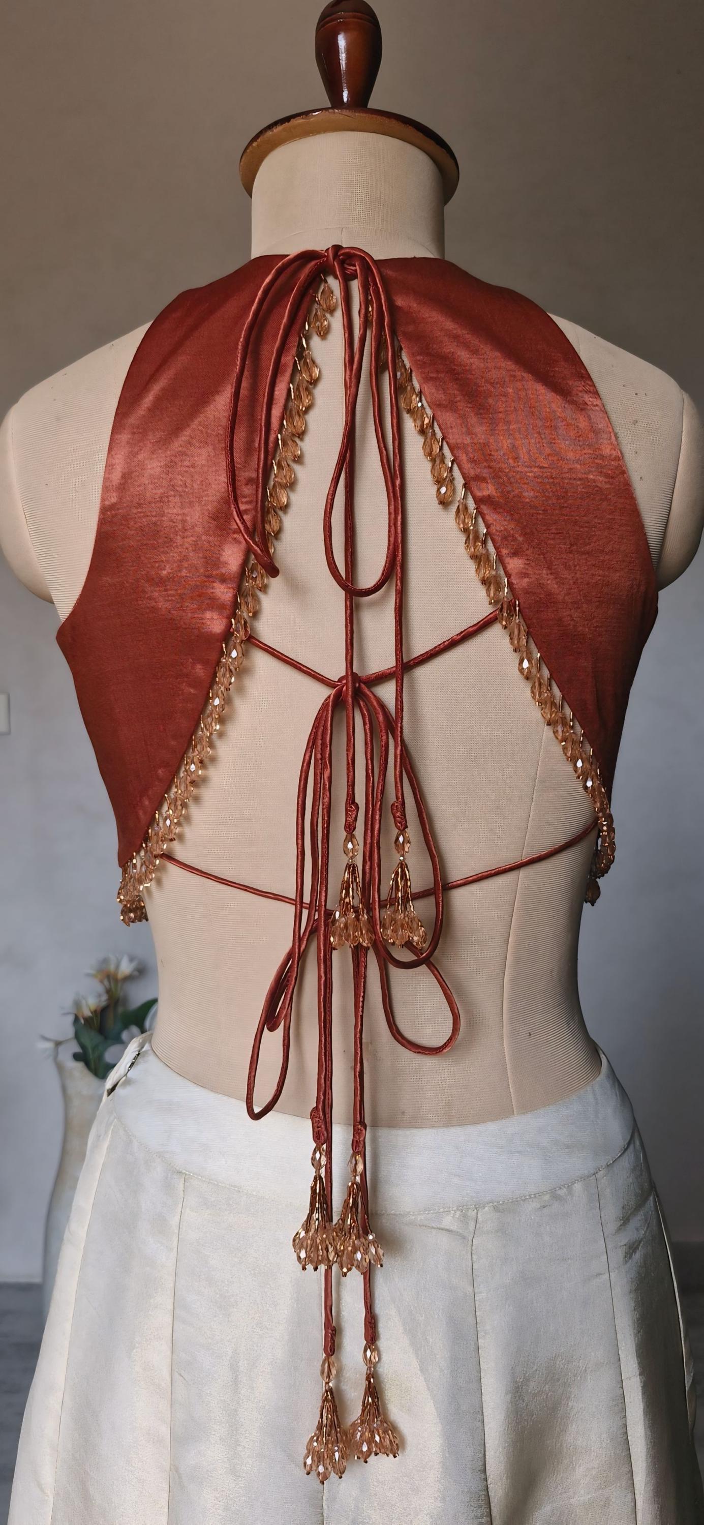 Dark Rust Gajji Silk Blouse, Jewel Neck, Backless
