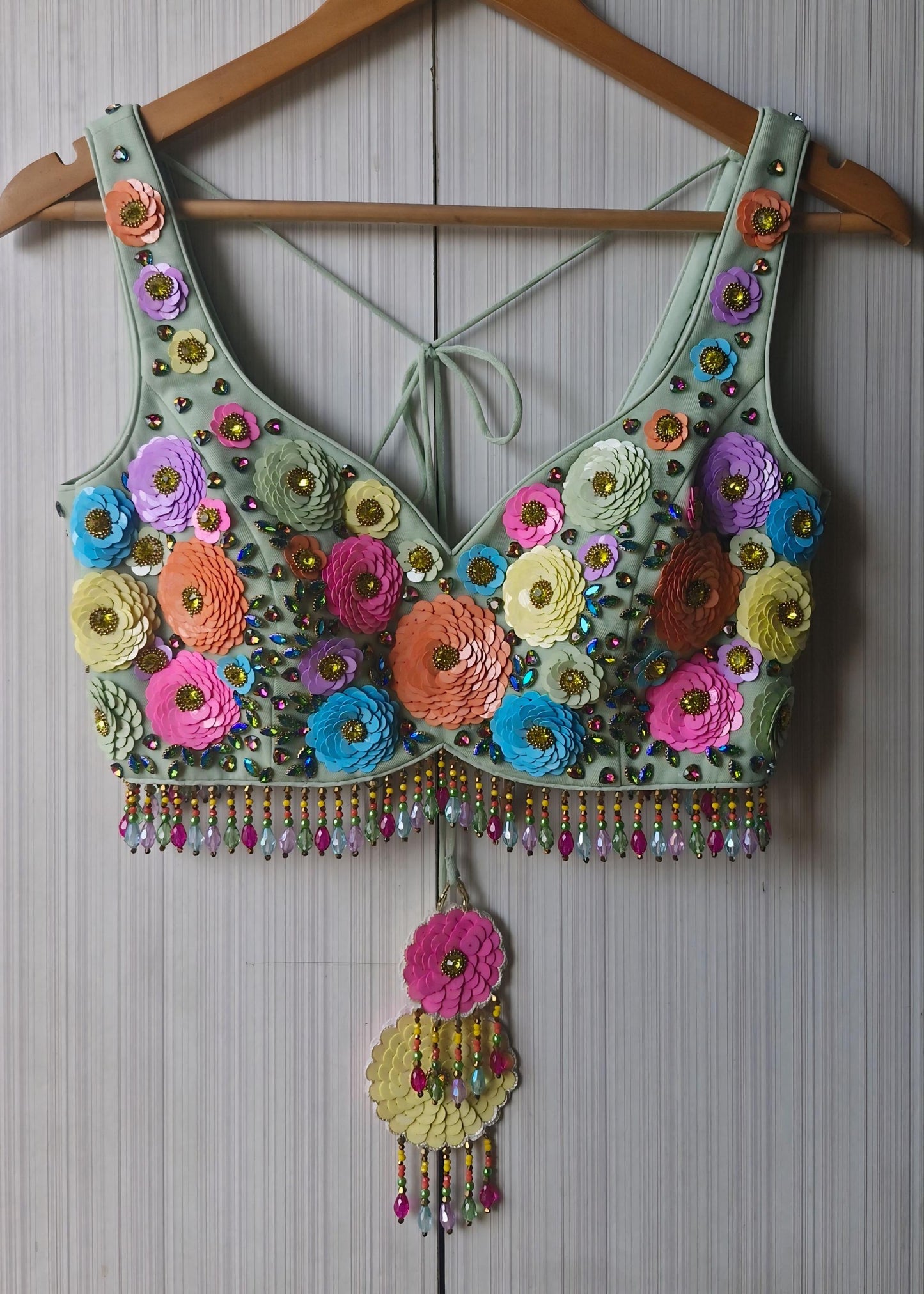 Hand Embroidered Mint Green Blouse, Multicolor Floral, Deep Sweetheart Neck