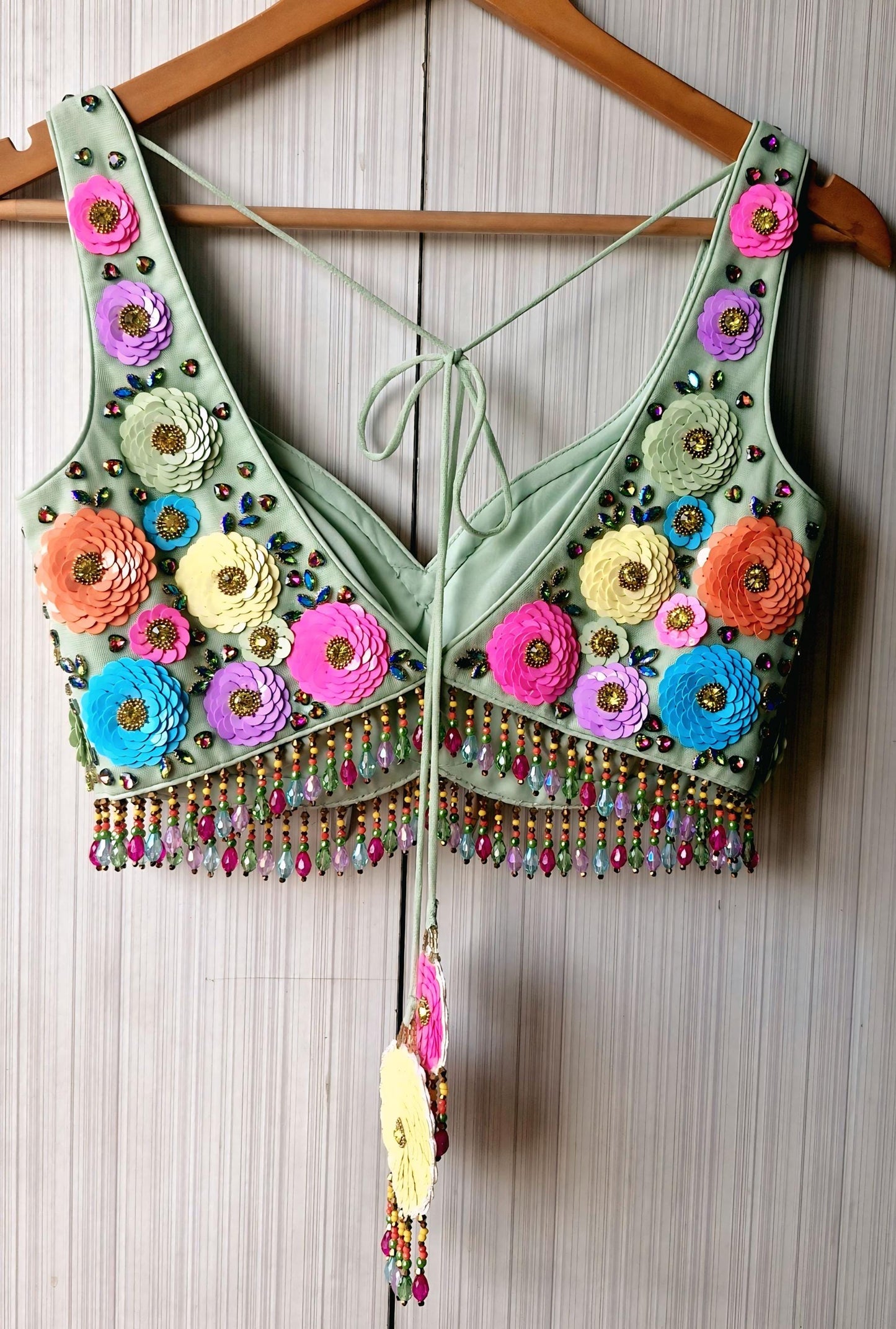 Hand Embroidered Mint Green Blouse, Multicolor Floral, Deep Sweetheart Neck