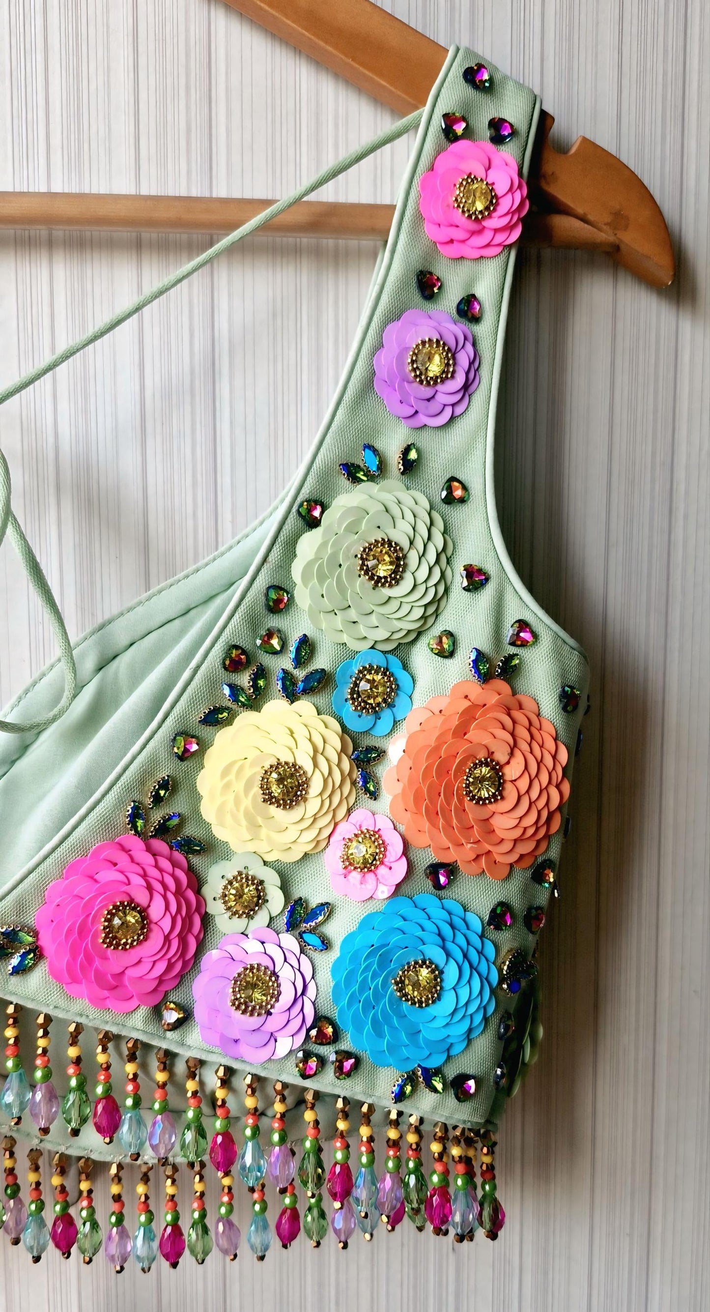 Hand Embroidered Mint Green Blouse, Multicolor Floral, Deep Sweetheart Neck