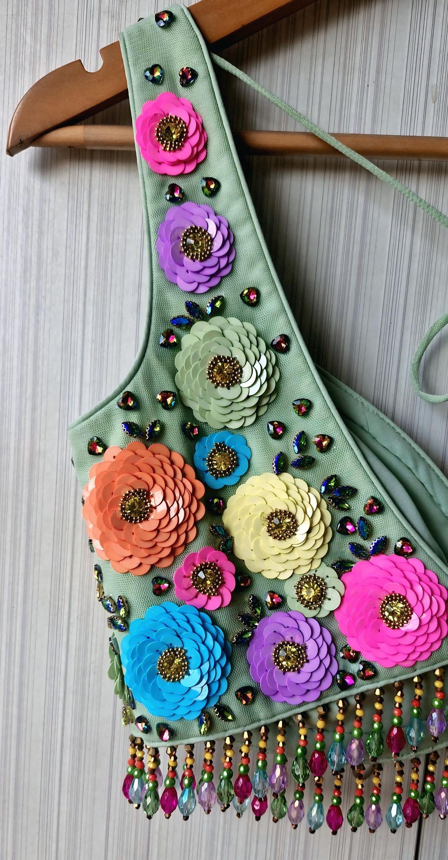 Hand Embroidered Mint Green Blouse, Multicolor Floral, Deep Sweetheart Neck