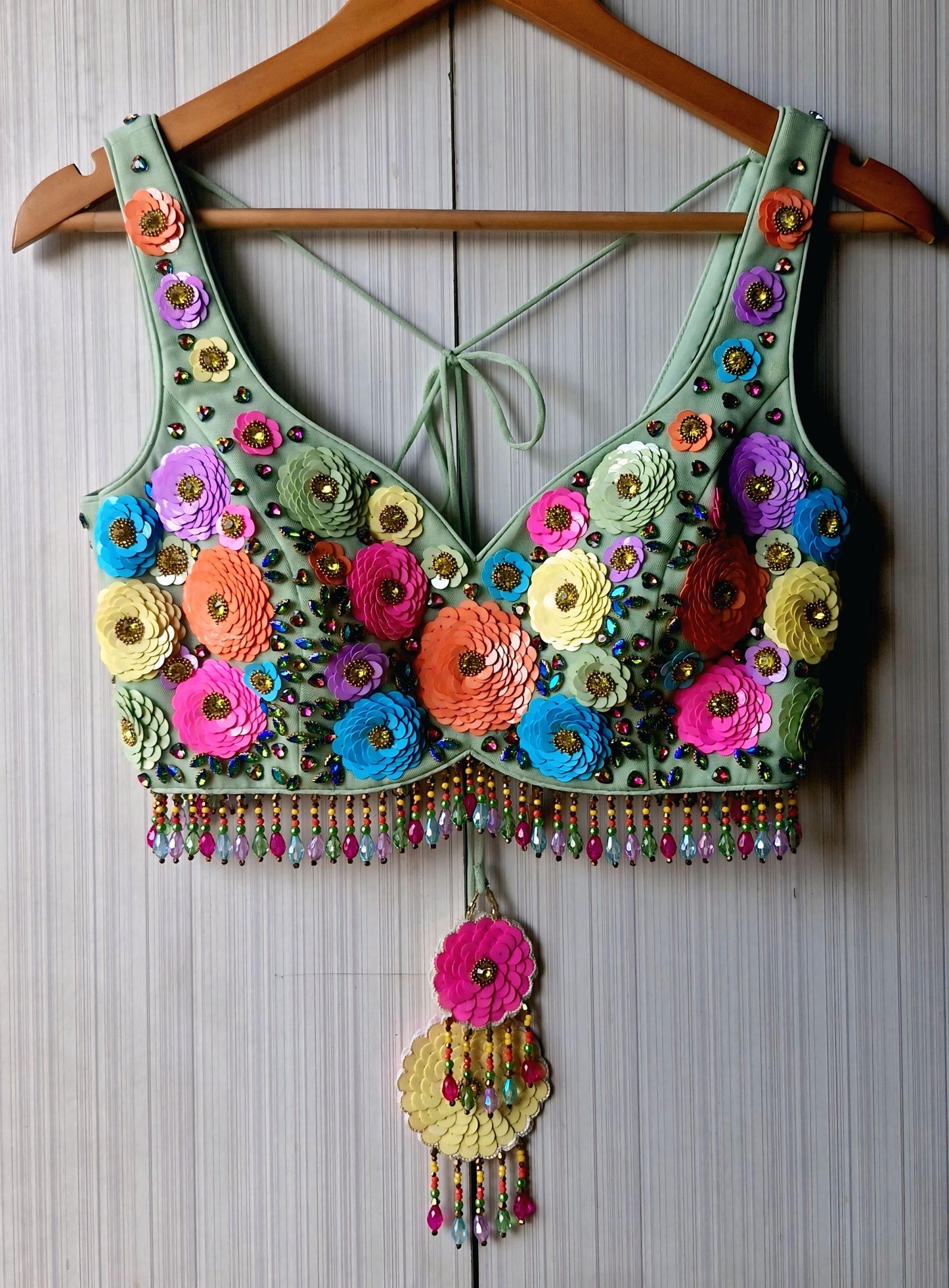 Hand Embroidered Mint Green Blouse, Multicolor Floral, Deep Sweetheart Neck