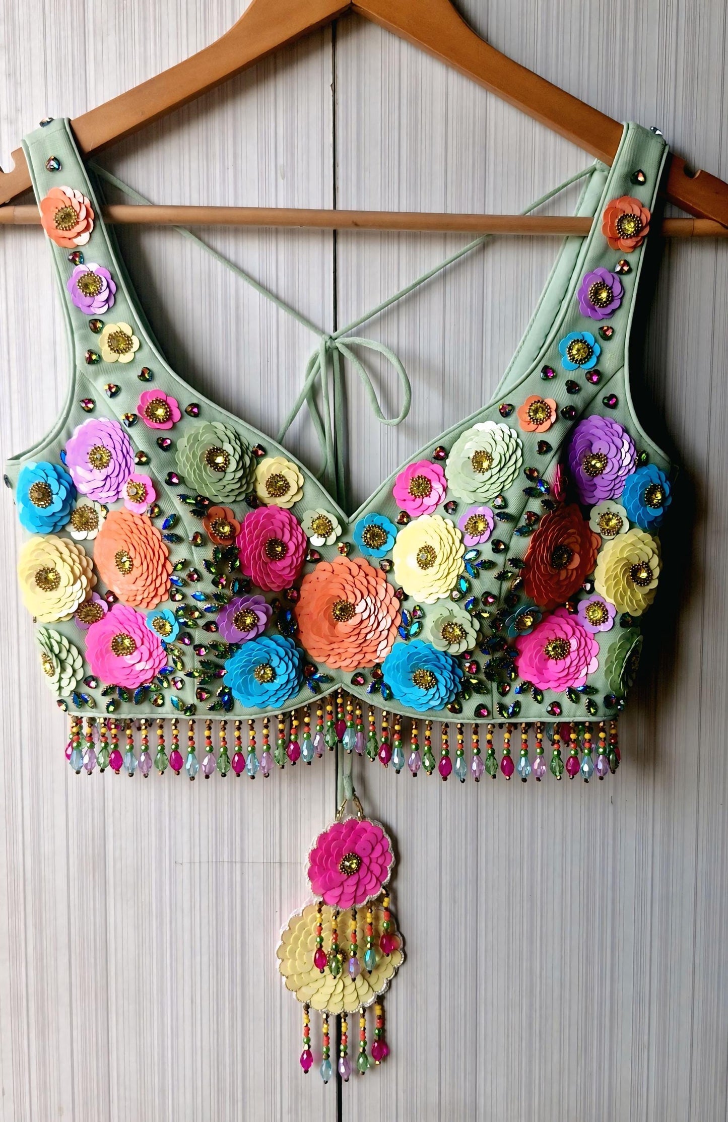 Hand Embroidered Mint Green Blouse, Multicolor Floral, Deep Sweetheart Neck