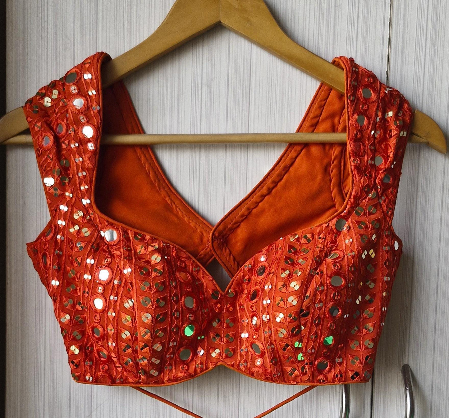 Burnt Orange Embroidered Georgette Blouse, Cap Sleeves Sweetheart Neck