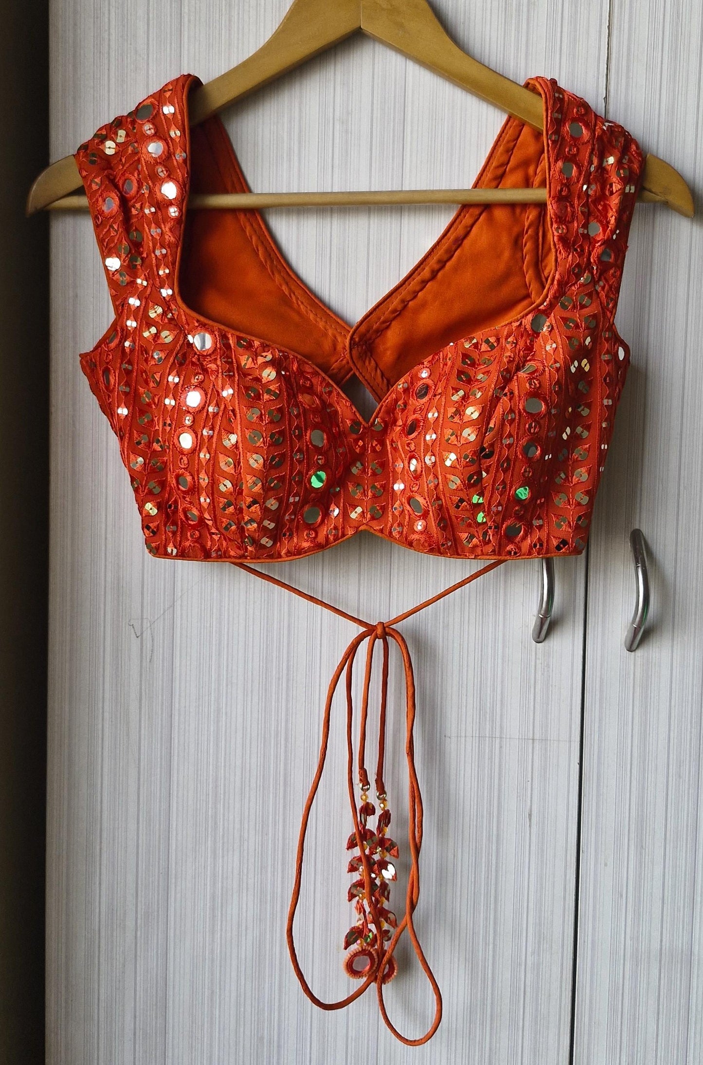 Burnt Orange Embroidered Georgette Blouse, Cap Sleeves Sweetheart Neck