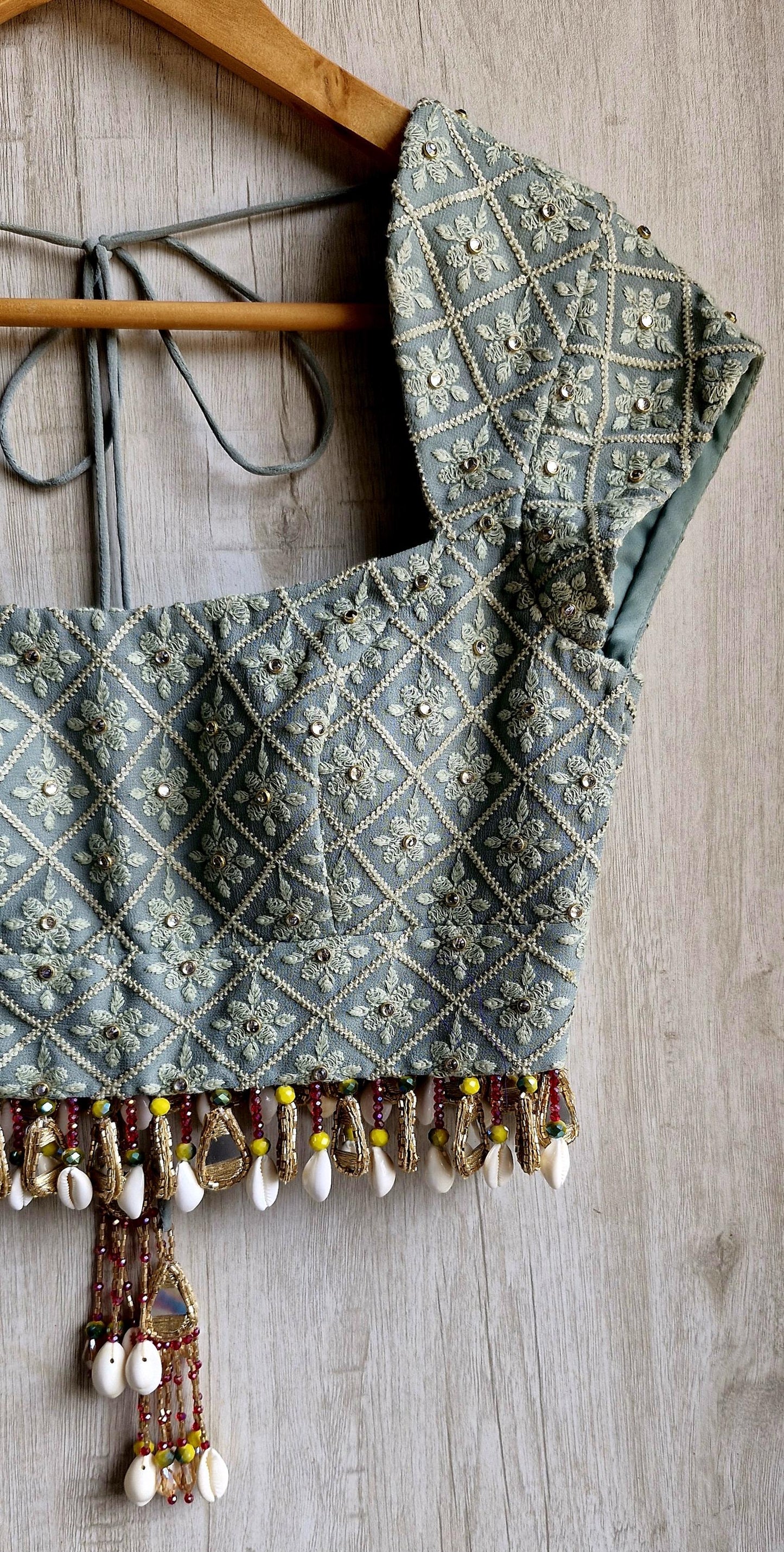 Sage Grey Embroidered Georgette Blouse, Beads Fringes, Cap Sleeves