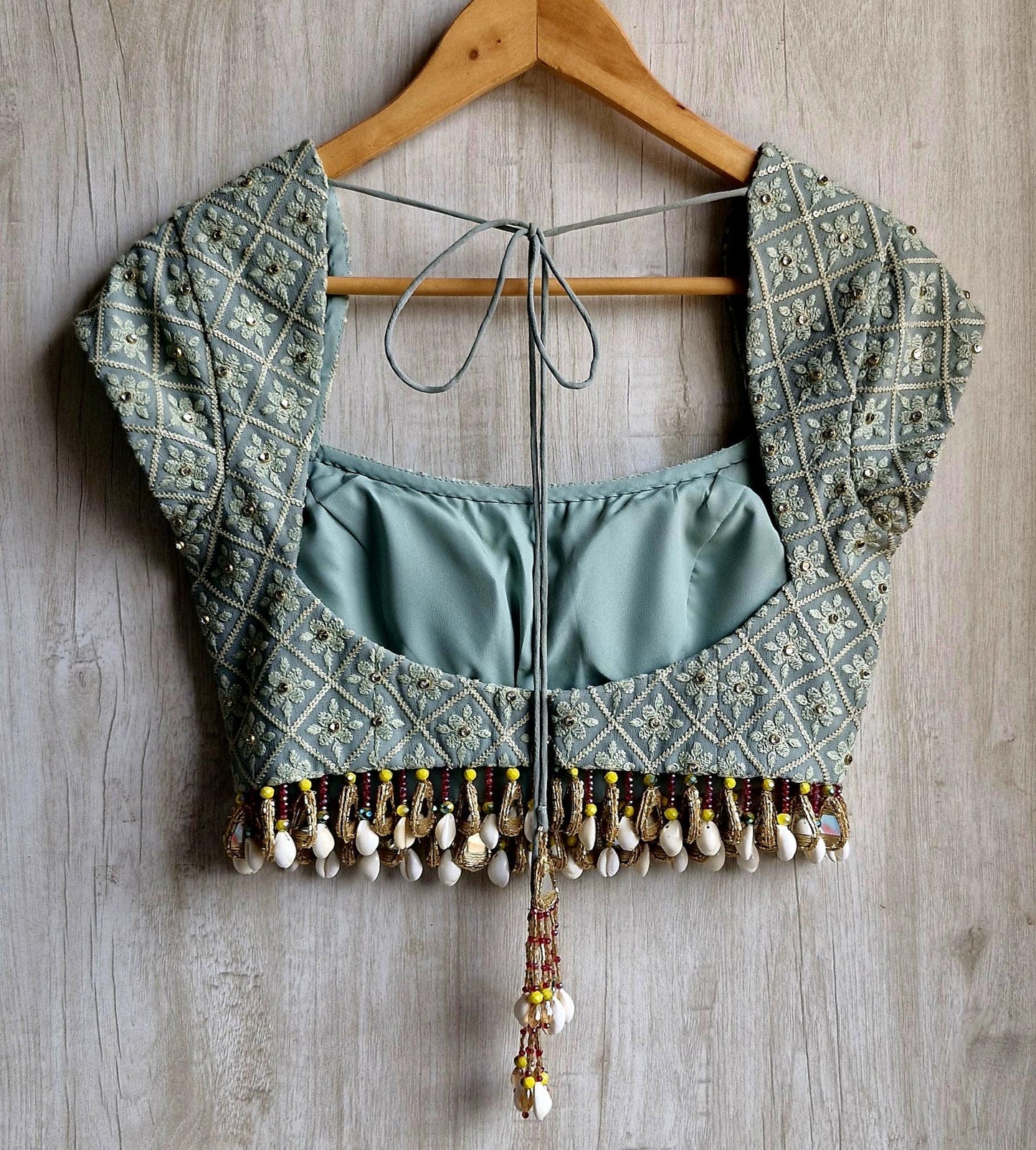 Sage Grey Embroidered Georgette Blouse, Beads Fringes, Cap Sleeves