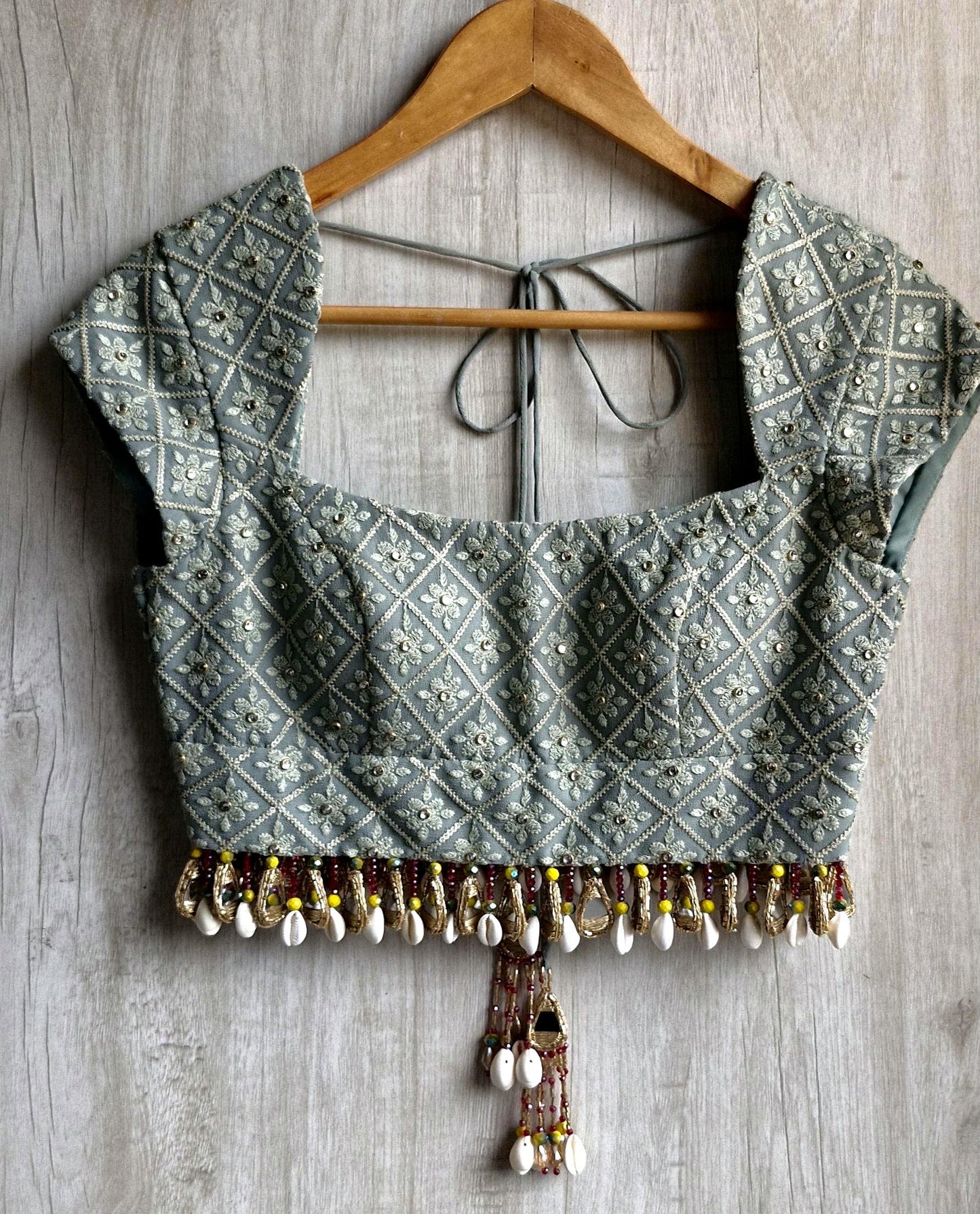 Sage Grey Embroidered Georgette Blouse, Beads Fringes, Cap Sleeves