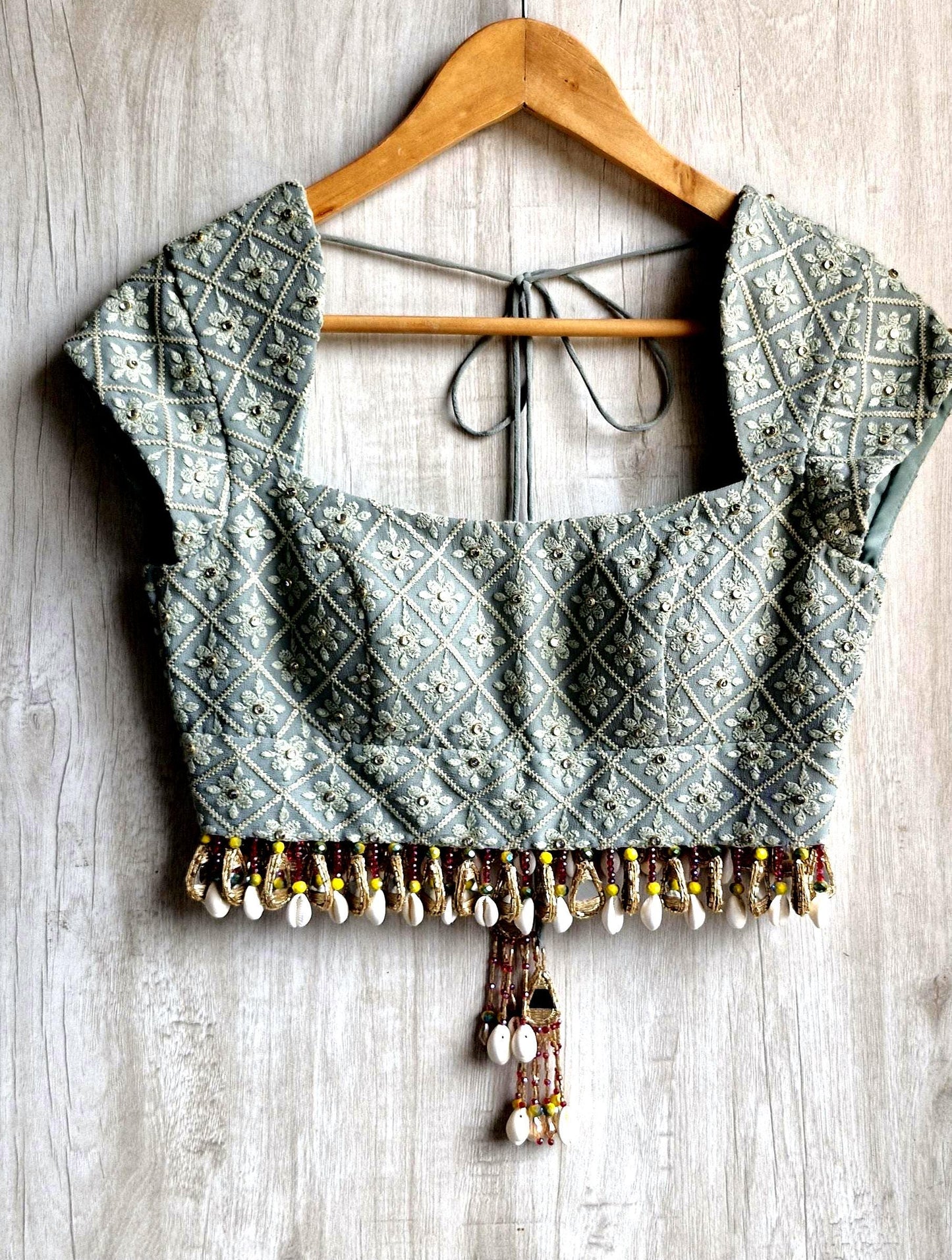Sage Grey Embroidered Georgette Blouse, Beads Fringes, Cap Sleeves