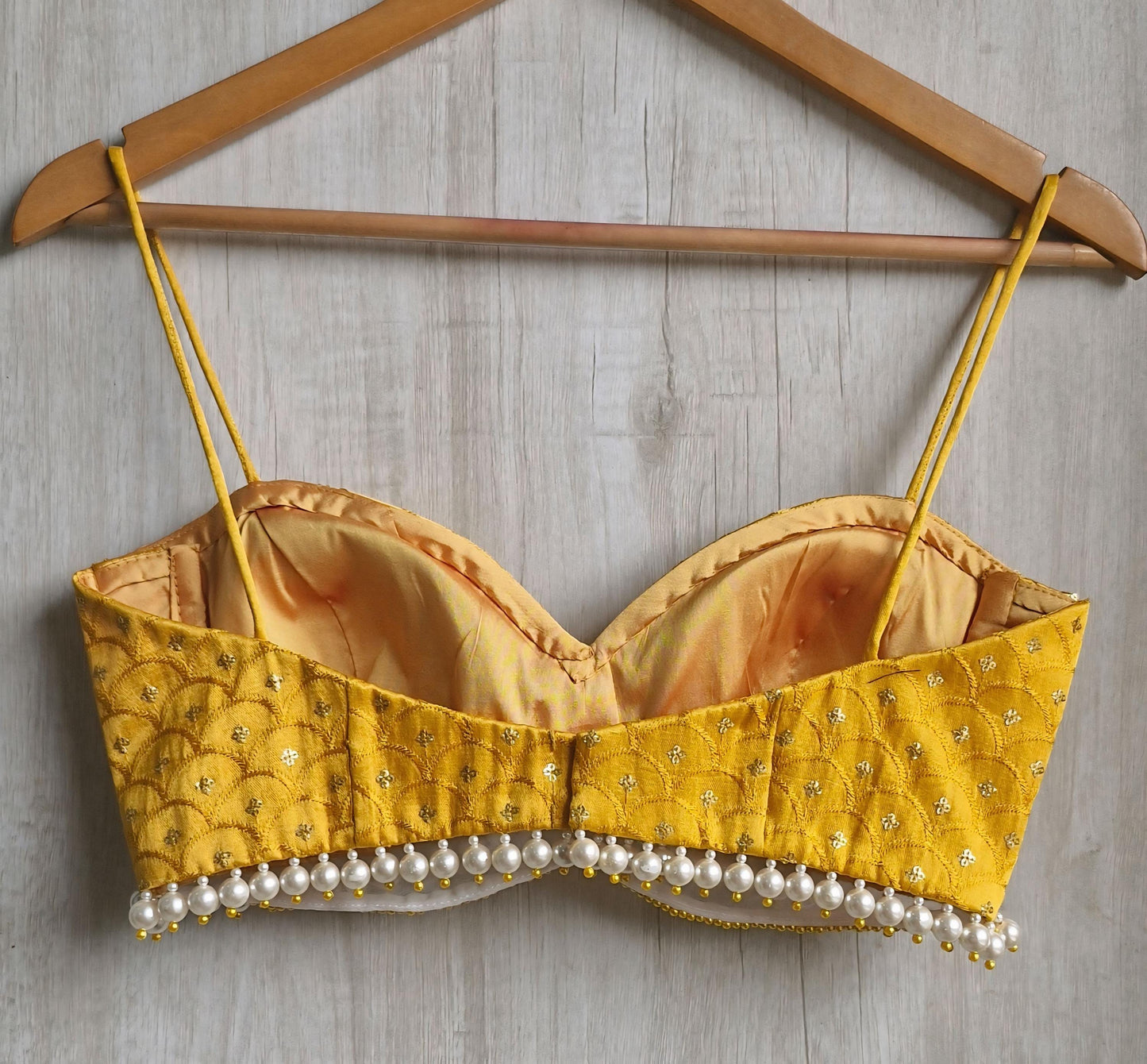 Mustard Embroidered Silk Blouse, Pearl Fringes Spaghetti Bralette