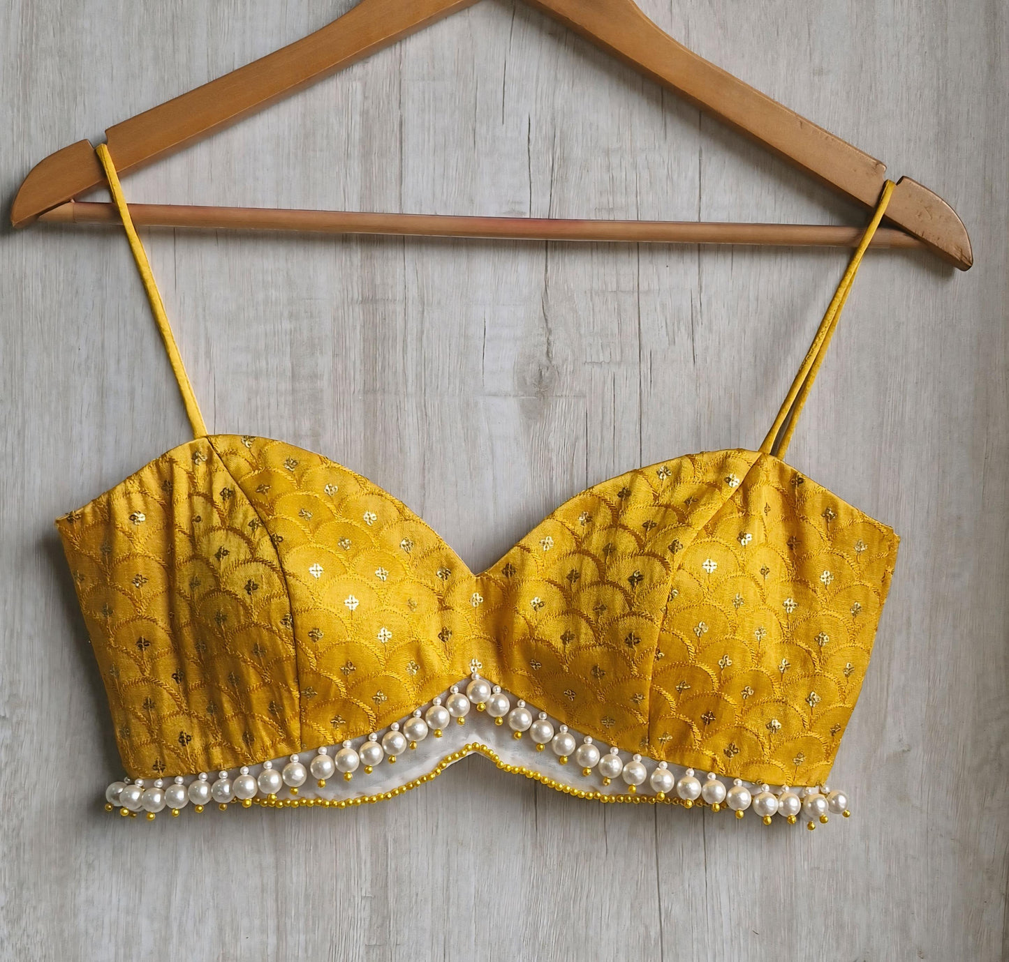 Mustard Embroidered Silk Blouse, Pearl Fringes Spaghetti Bralette