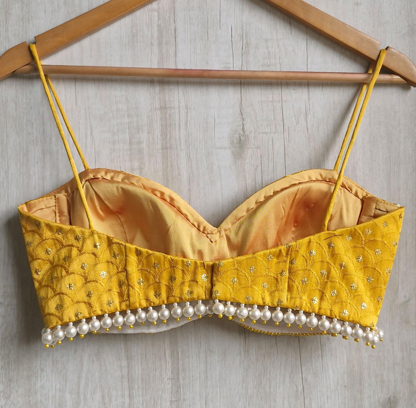 Mustard Embroidered Silk Blouse, Pearl Fringes Spaghetti Bralette