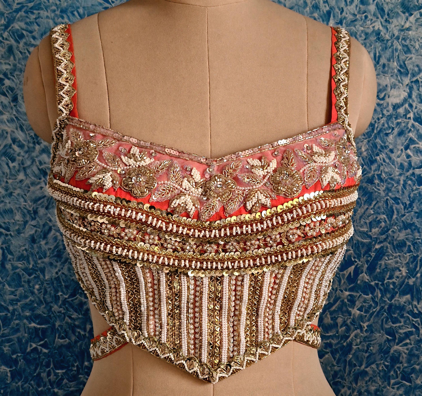 Hand Embroidered Coral Raw Silk Blouse, Sleeveless Backless