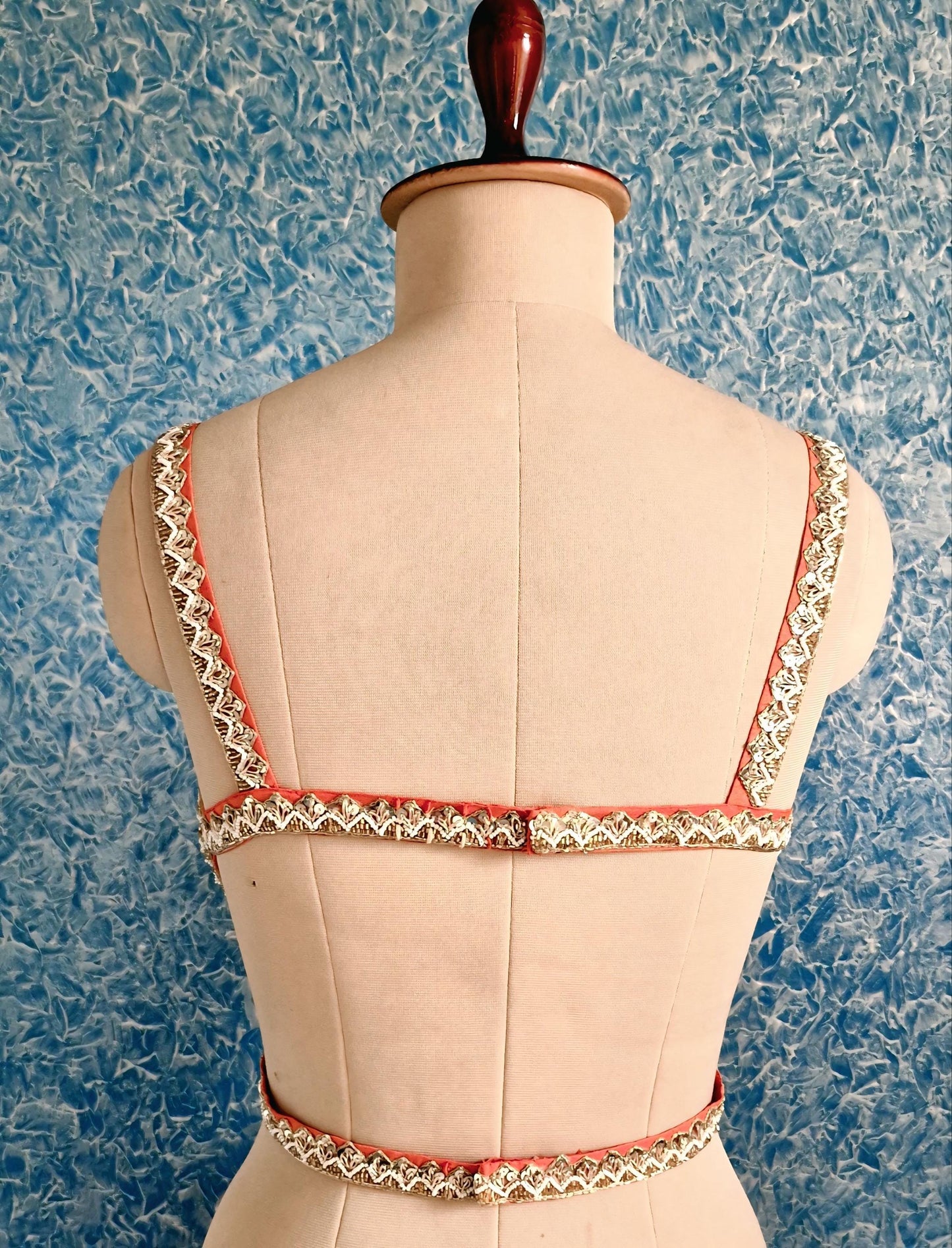 Hand Embroidered Coral Raw Silk Blouse, Sleeveless Backless