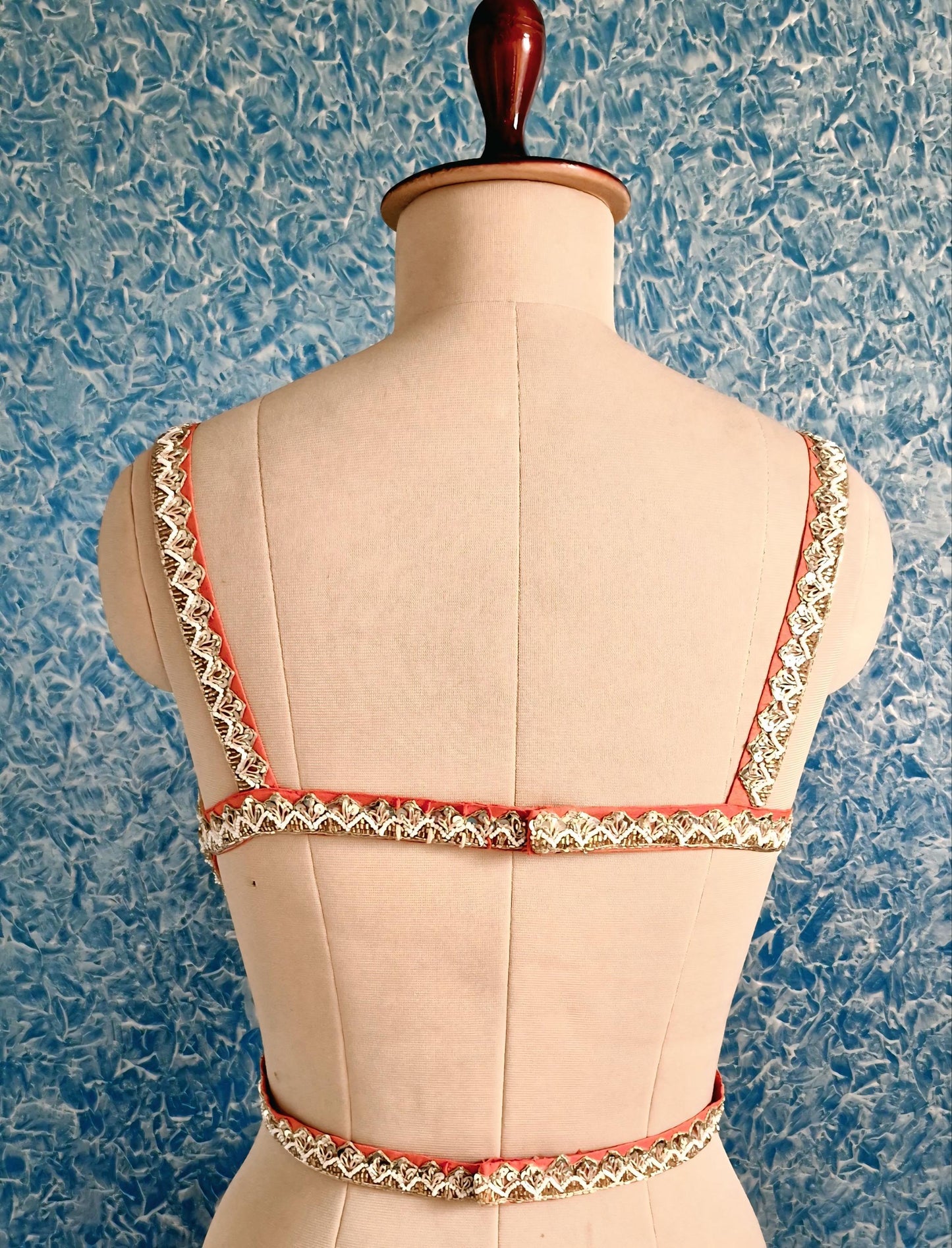 Hand Embroidered Coral Raw Silk Blouse, Sleeveless Backless