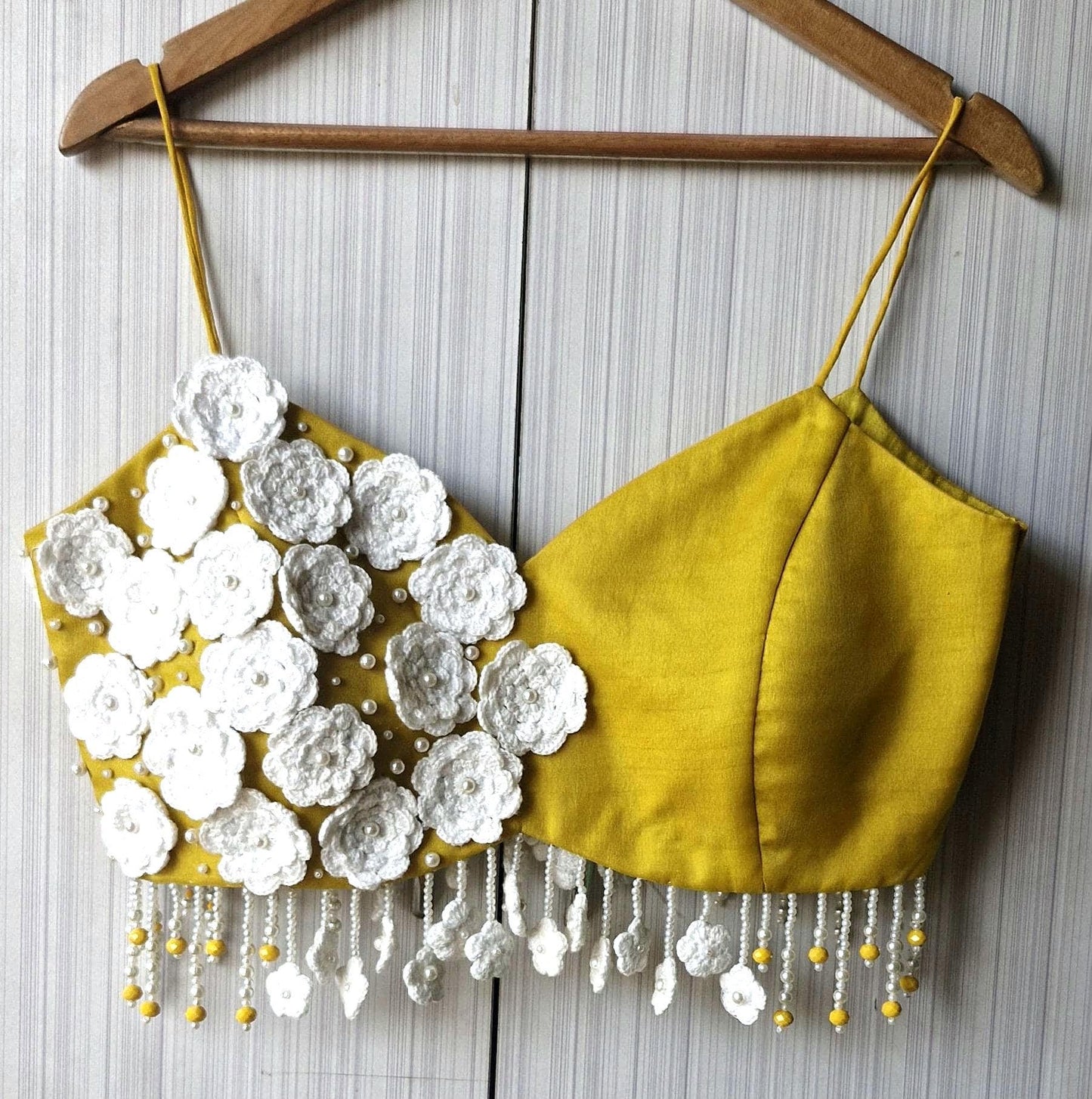 Mustard Embroidered Organza Blouse, Crotchet Flowers Fringes Spaghetti