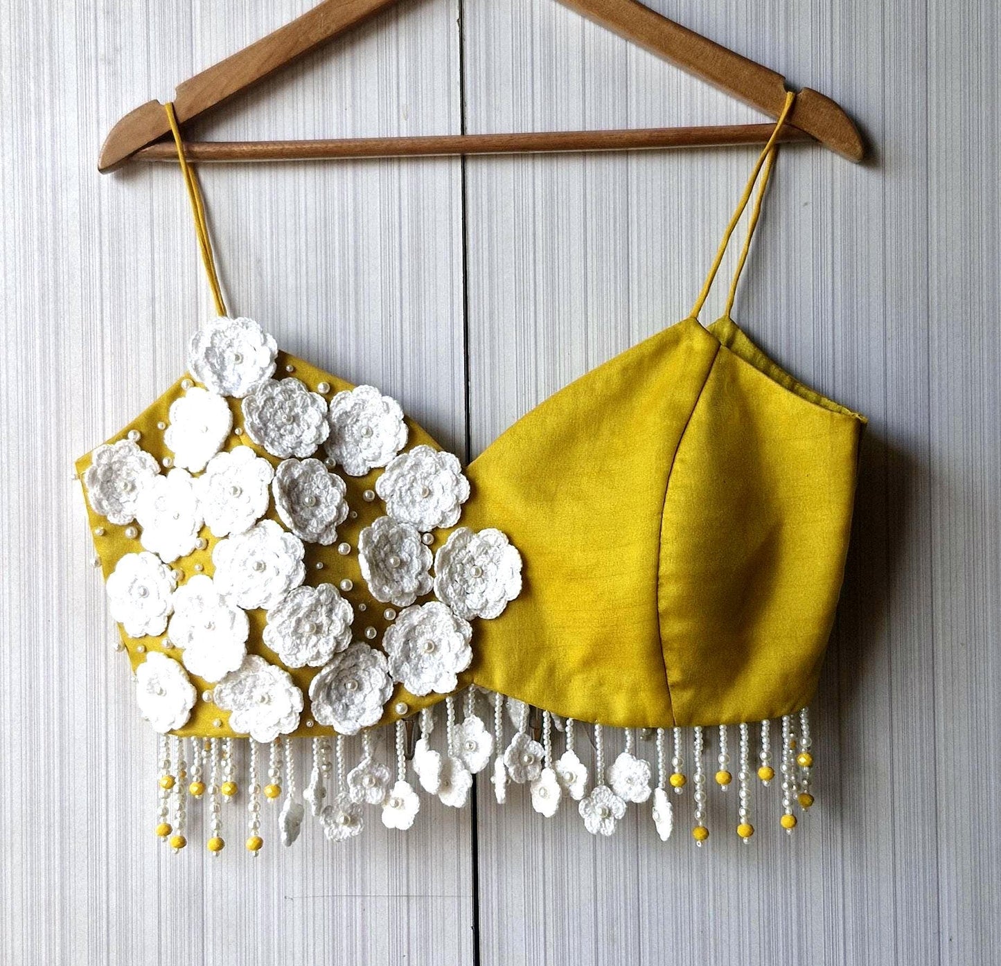 Mustard Embroidered Organza Blouse, Crotchet Flowers Fringes Spaghetti