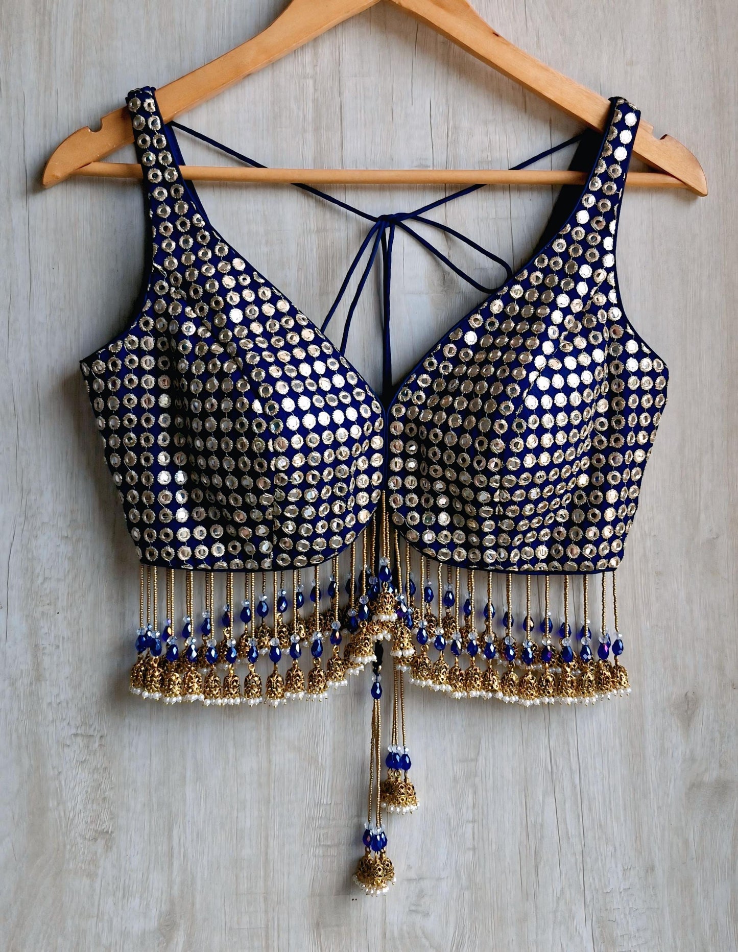 Deep Blue Embroidered Georgette Deep V Neck Blouse, Jhumka Fringes